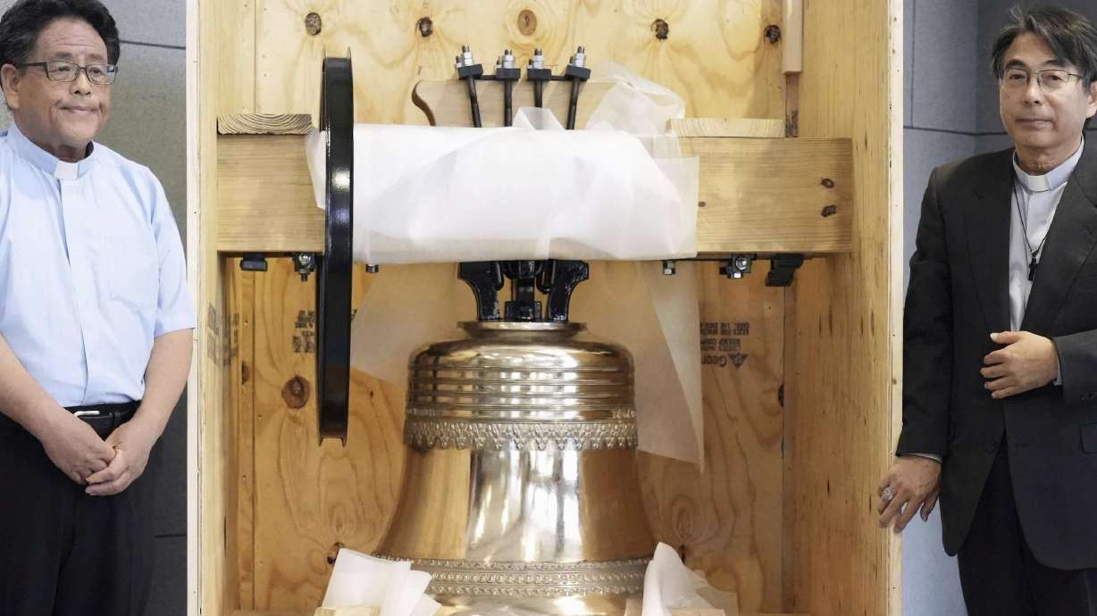 A bell at Urakami Cathedral was reproduced and returned by a group of Americans nearly 80 years after the cathedral was destroyed by the U.S. atomic bombing near the end of World War, in Nagasaki, western Japan, on May 15.