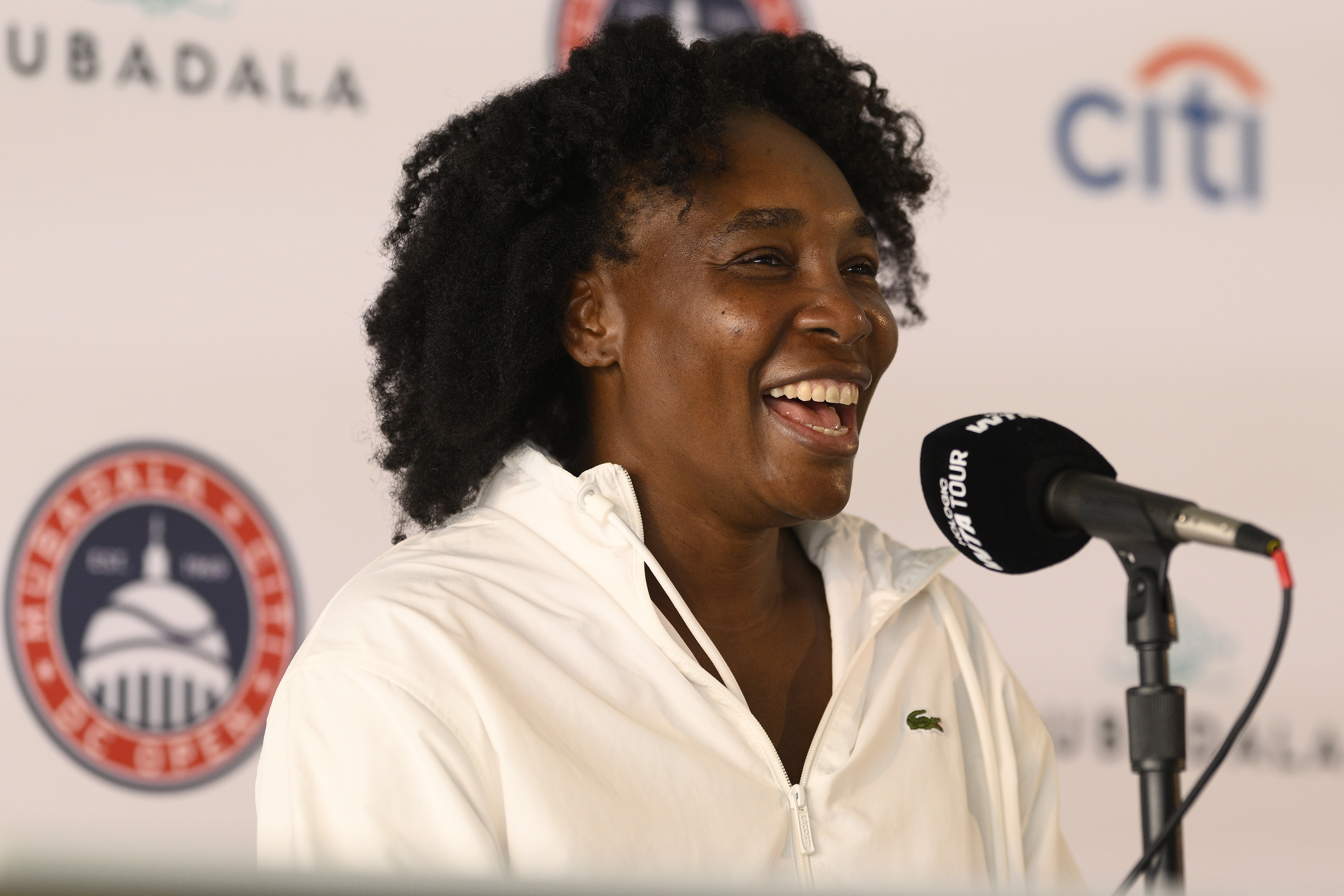Venus Williams speaks to the media during a news conference at the Citi Open tennis tournament Sunday, July 20, 2025, in Washington.