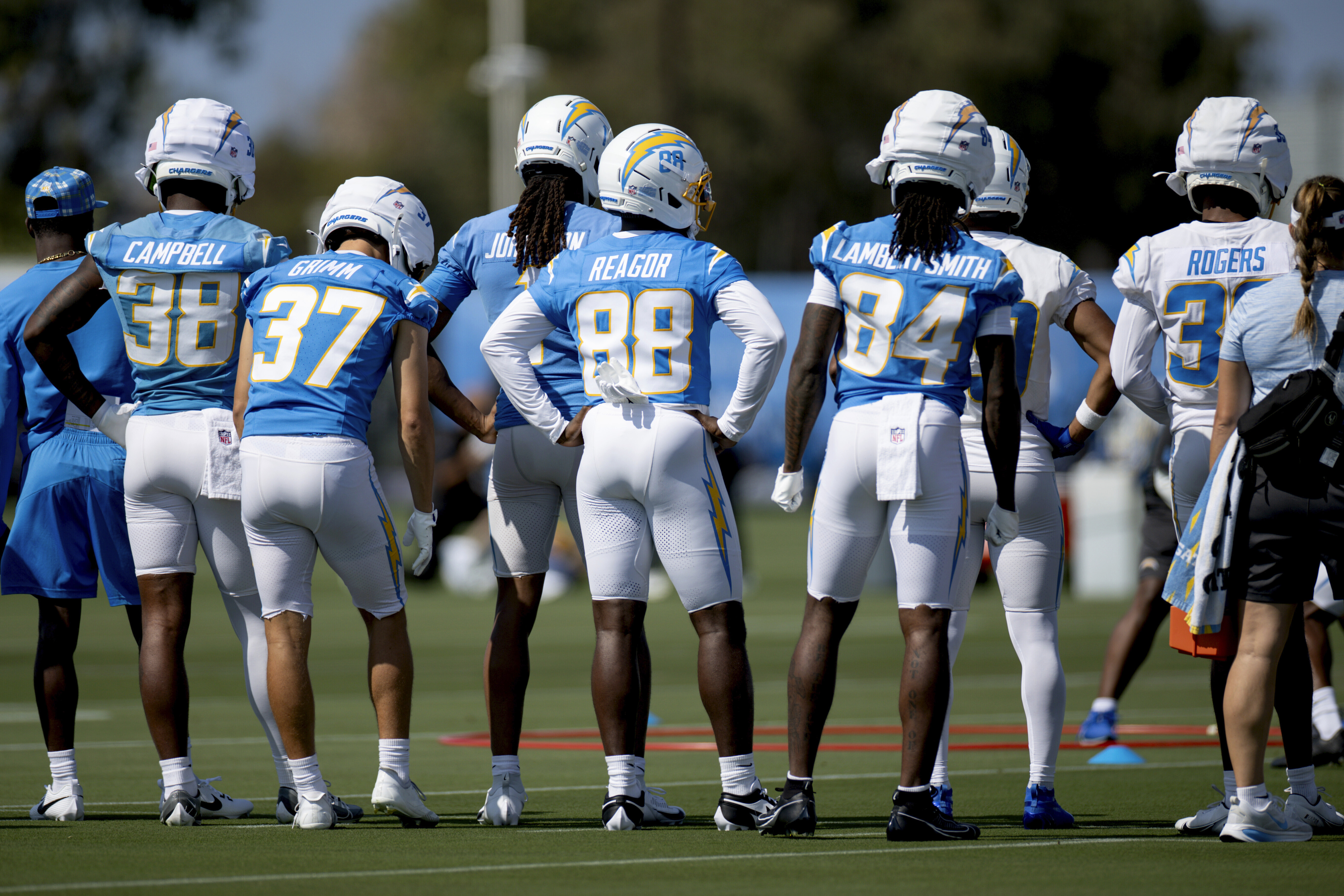 Los Angeles Chargers players take part in a drill during training camp for the NFL football team Thursday, July 17, 2025, in El Segundo, Calif. 