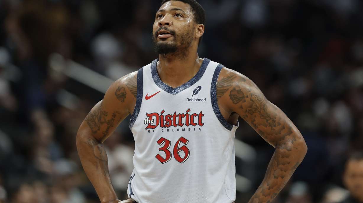 FILE - Washington Wizards guard Marcus Smart (36) looks on during the first half of an NBA basketball game against the Miami Heat in Washington, March 31, 2025.