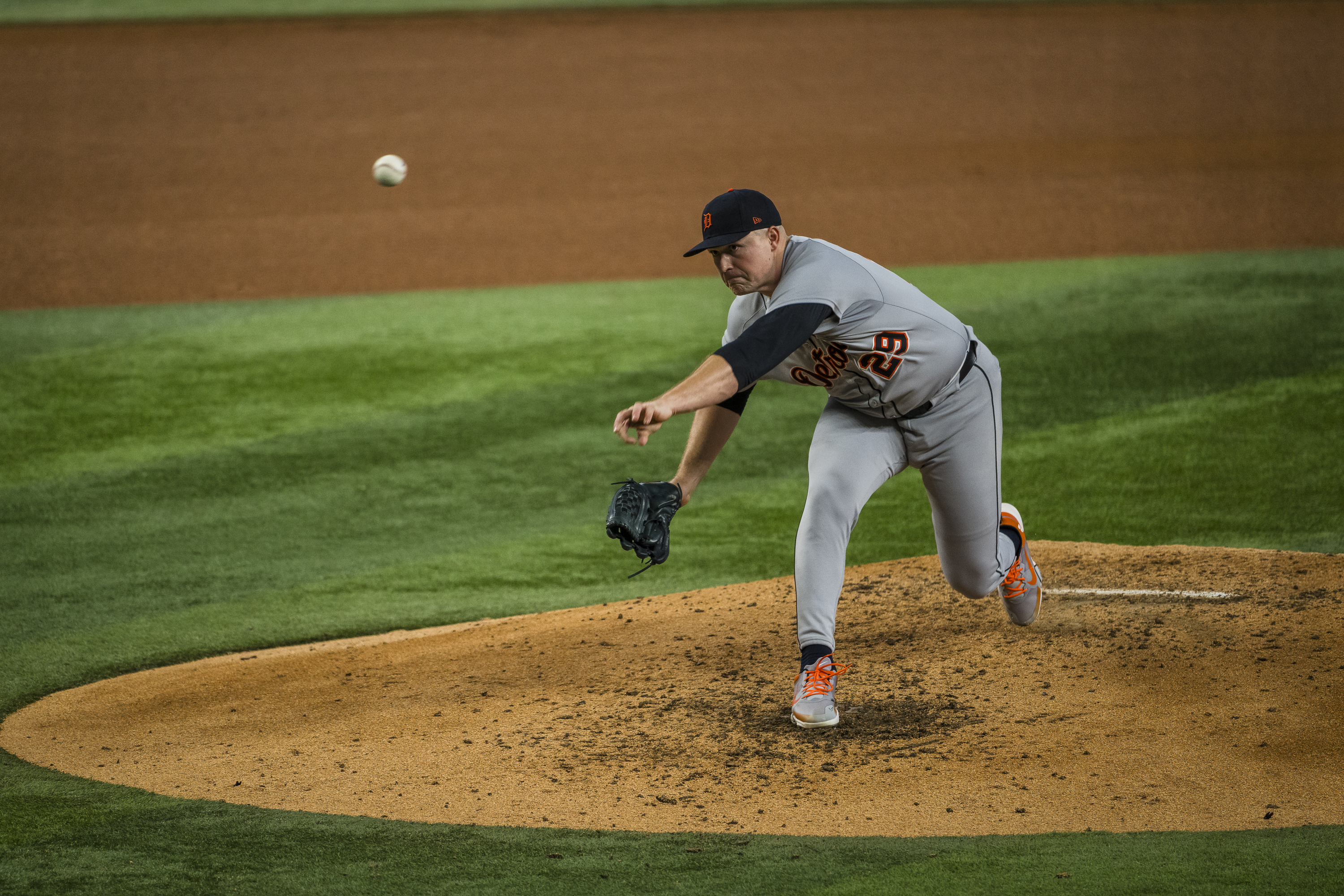 Detroit Tigers' Tarik Skubal pitches during the fifth inning of a baseball game against the Texas Rangers, Sunday, July 20, 2025, in Arlington, Texas. 