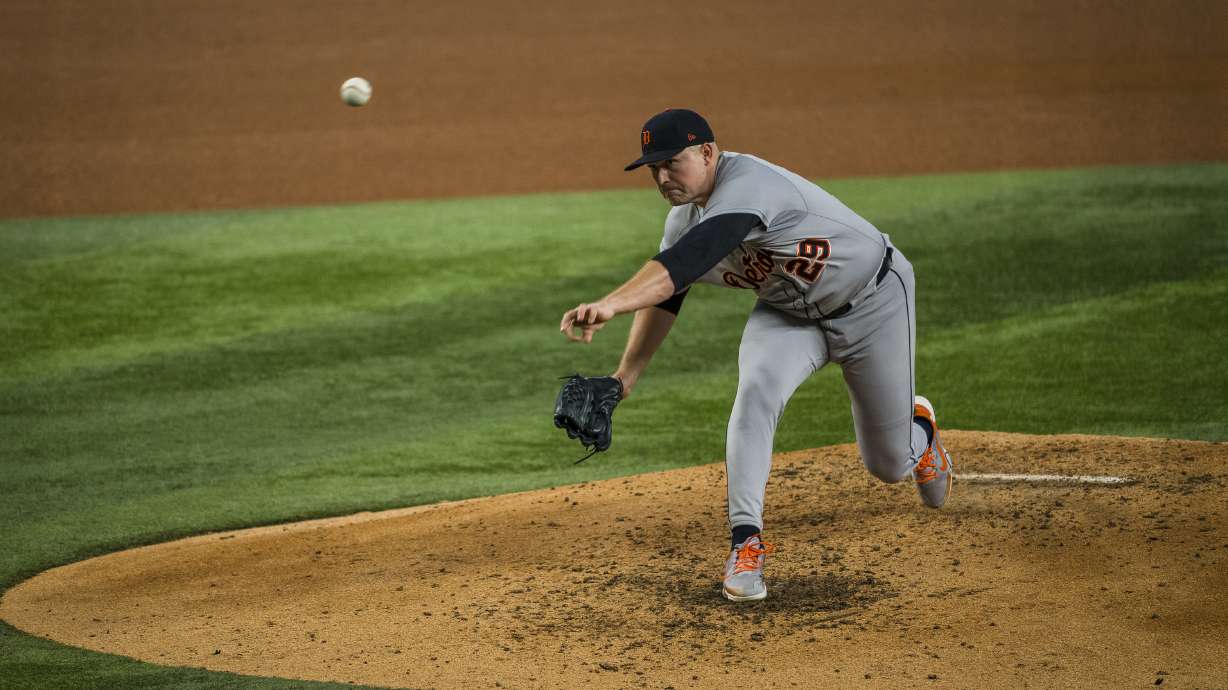 Detroit Tigers' Tarik Skubal pitches during the fifth inning of a baseball game against the Texas Rangers, Sunday, July 20, 2025, in Arlington, Texas.