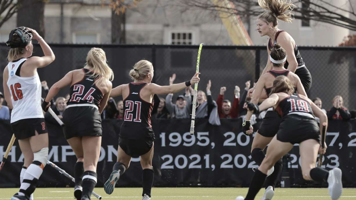 FILE - St. Joseph's University players Celeste Smits (11) leaps in the air after scoring her team's only goal of the game during the second round of the 2024 NCAA Division I Field Hockey Championship between Princeton and St. Joseph's University at St. Joseph's University in Marion Station, Pa. on Sunday, Nov. 17, 2024.