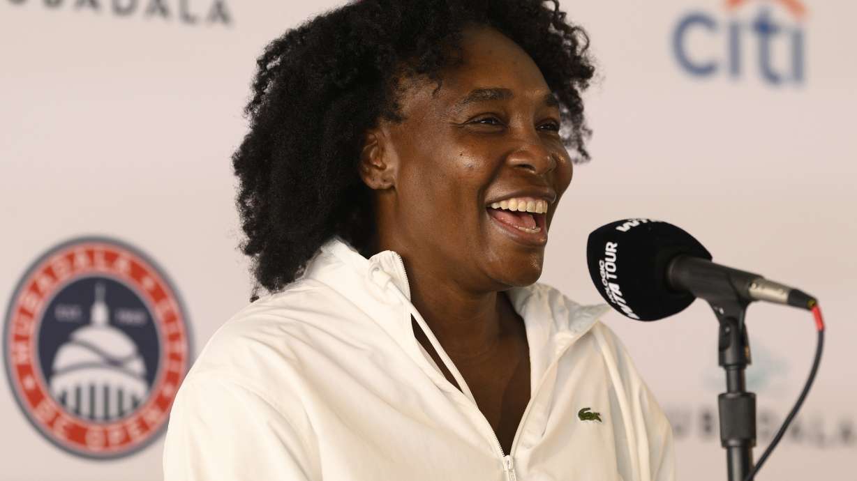 Venus Williams speaks to the media during a news conference at the Citi Open tennis tournament Sunday, July 20, 2025, in Washington.