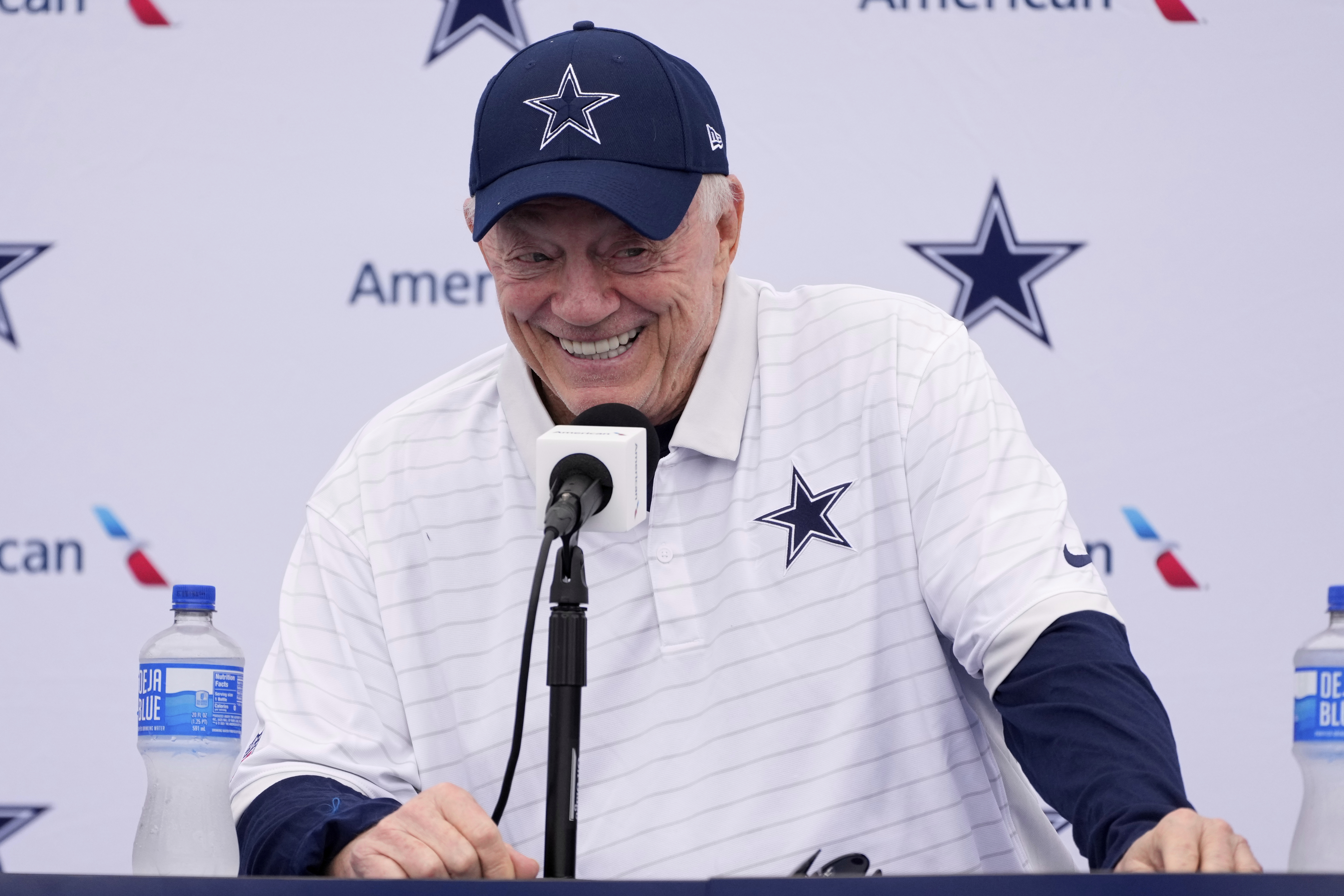 Jerry Jones, Dallas Cowboys owner, president, and general manager speaks to reporters during a news conference to open training camp Monday, July 21, 2025, in Oxnard, Calif.