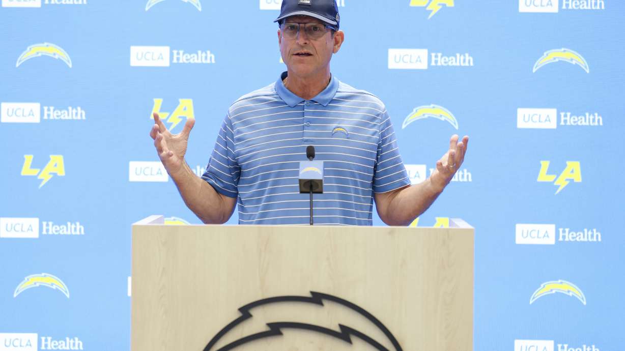Los Angeles Chargers head coach Jim Harbaugh holds a press conference during training camp for the NFL football team Thursday, July 17, 2025, in El Segundo, Calif.