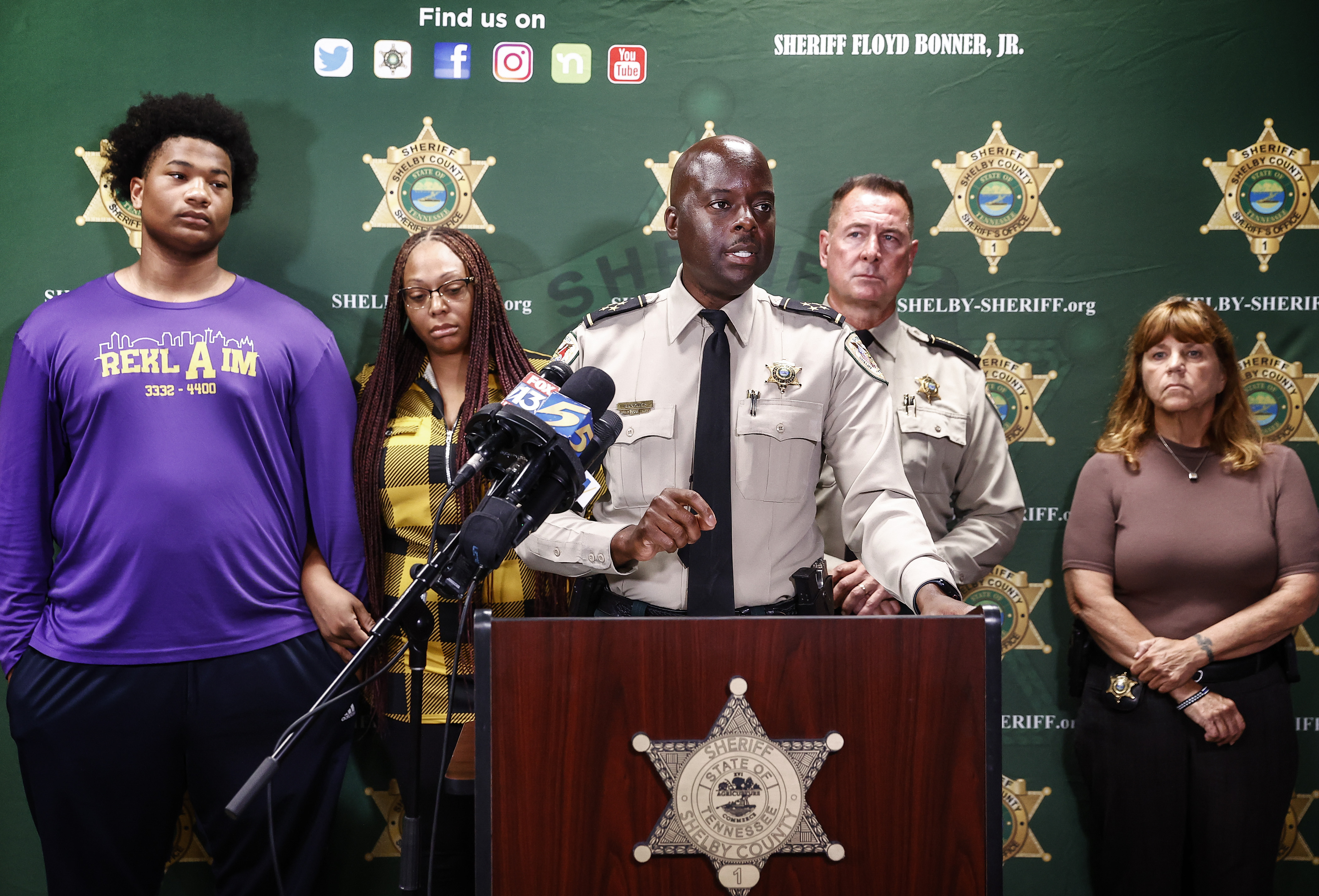 Shelby County Sheriff Department Chief Deputy Anthony Buckner, center, speaks during press conference on Monday, July 21, 2025, in Memphis, Tenn., discussing the shooting of Ole Miss football player Corey Adams over the weekend. 