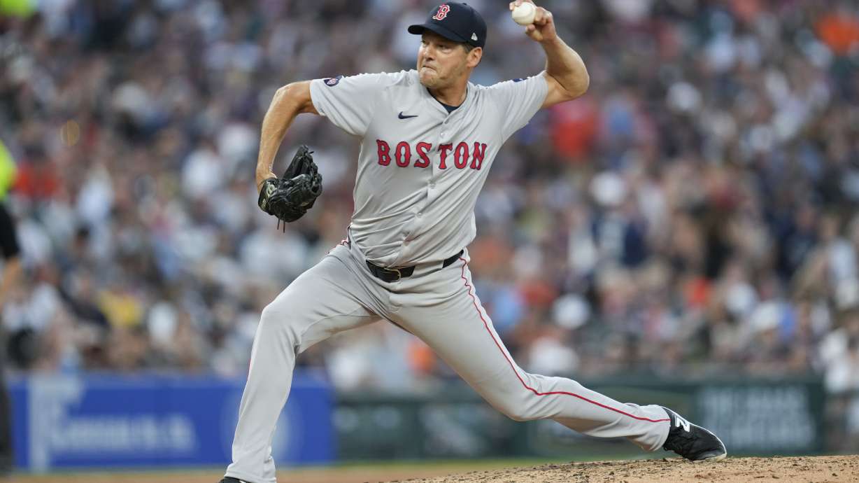 FILE - Boston Red Sox pitcher Rich Hill throws against the Detroit Tigers in the seventh inning of a baseball game, Aug. 31, 2024, in Detroit.
