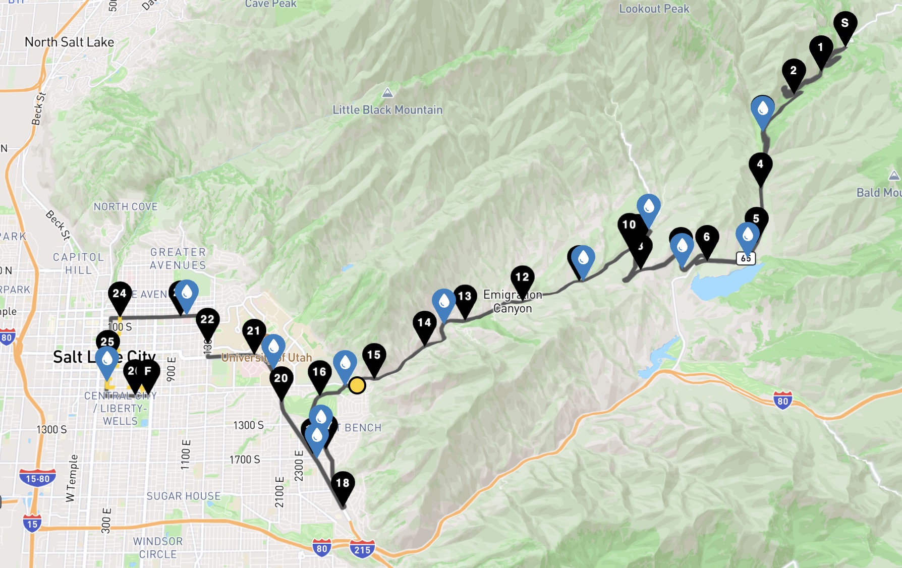 The full Deseret News Marathon route, which begins above Emigration Canyon and ends at Liberty Park in Salt Lake City.