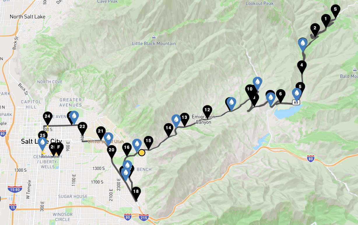 The full Deseret News Marathon route, which begins above Emigration Canyon and ends at Liberty Park in Salt Lake City.