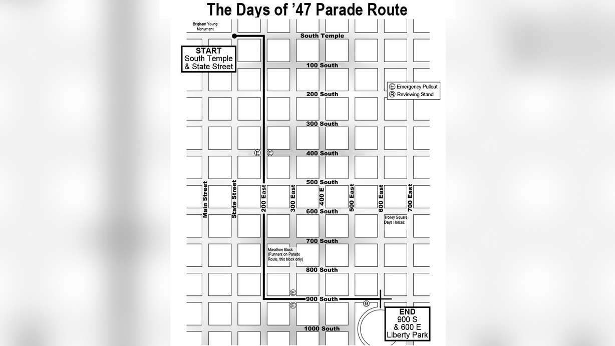 A map of the Days of '47 Parade route, which will begin at 9 a.m. on Thursday in downtown Salt Lake City.