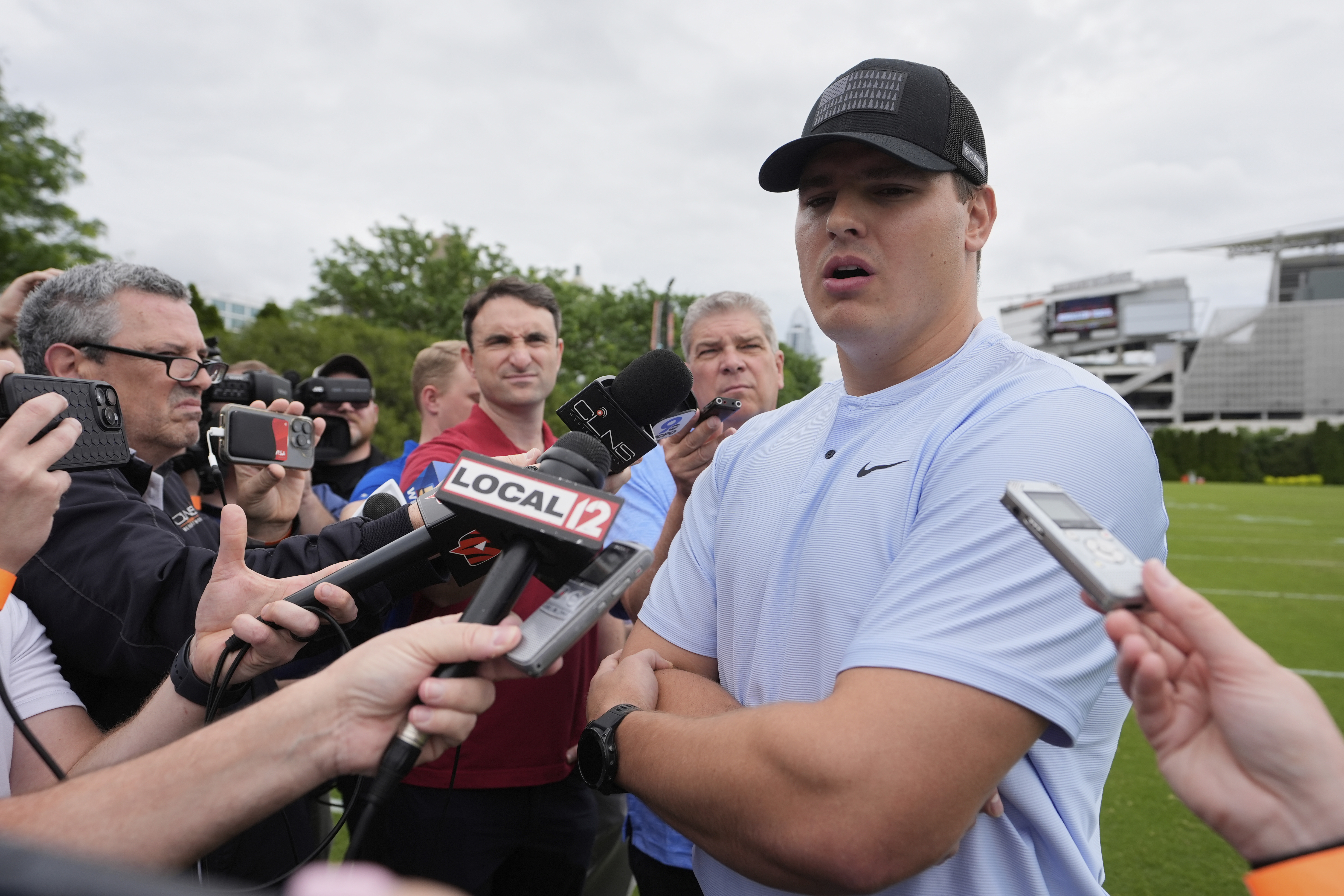 FILE - Cincinnati Bengals defensive end Trey Hendrickson speaks to media during NFL football practice on May 13, 2025, in Cincinnati.