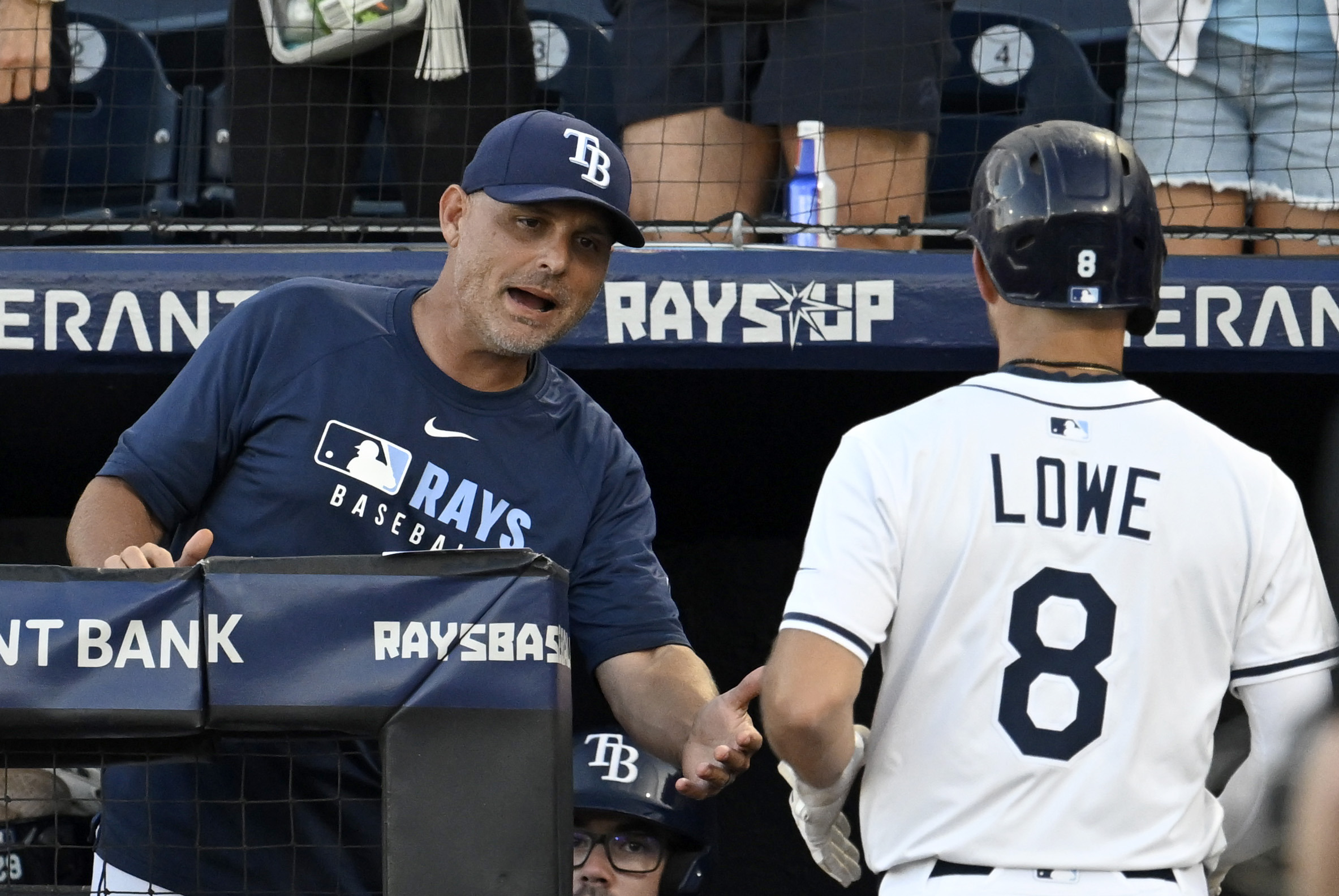 Tampa Bay Rays manger Kevin Cash congratulates Tampa Brandon Lowe after Lowe's home run during the third inning of a baseball game against the Athletics Tuesday, July 1, 2025, in Tampa, Fla. 