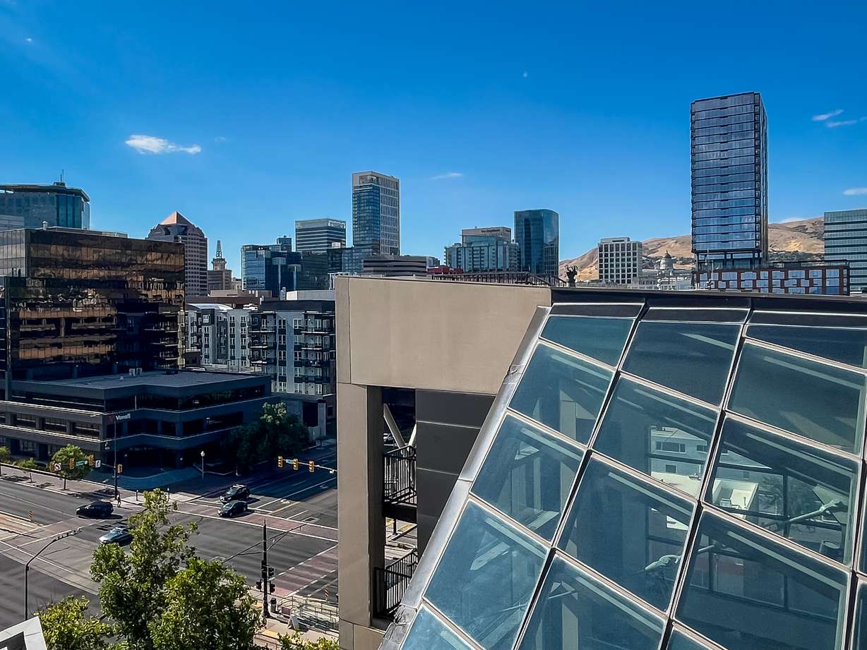 The viewpoint atop the "Crescent Wall" stairway is pictured from the Salt Lake City Main Library's rooftop terrace on Tuesday. Library officials said construction is now underway to repair the steps before that section of the building reopens next year.