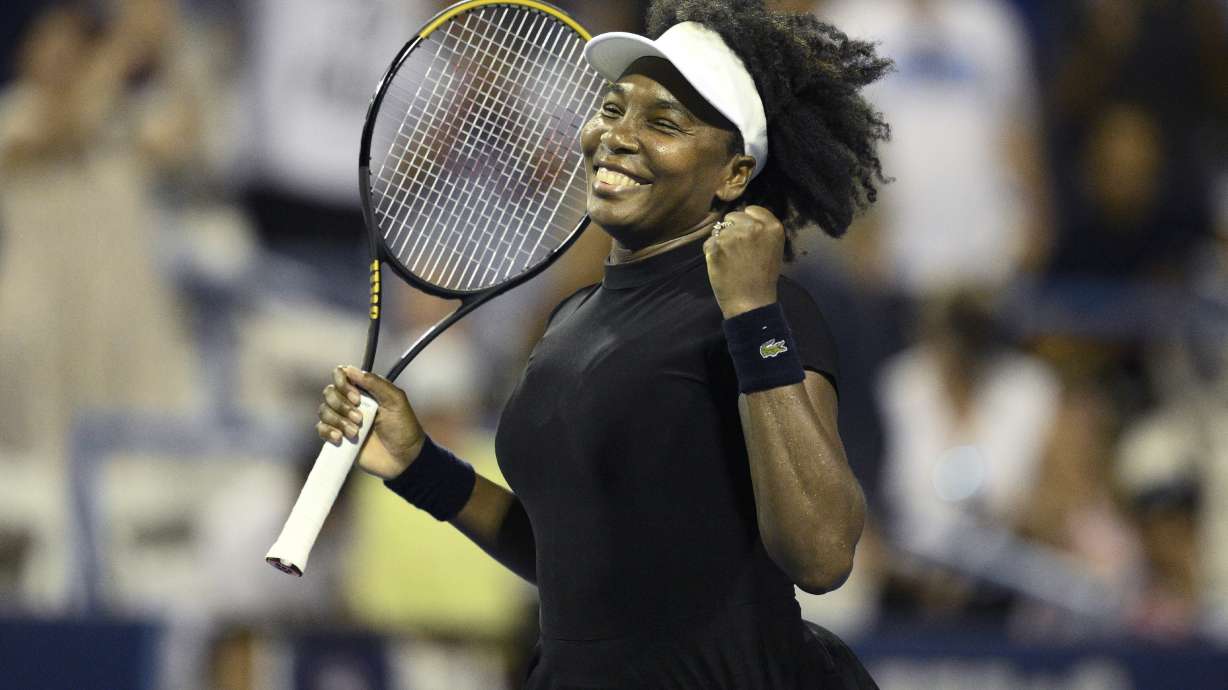 Venus Williams celebrates her win over Peyton Stearns during a match at the Citi Open tennis tournament Tuesday, July 22, 2025, in Washington.