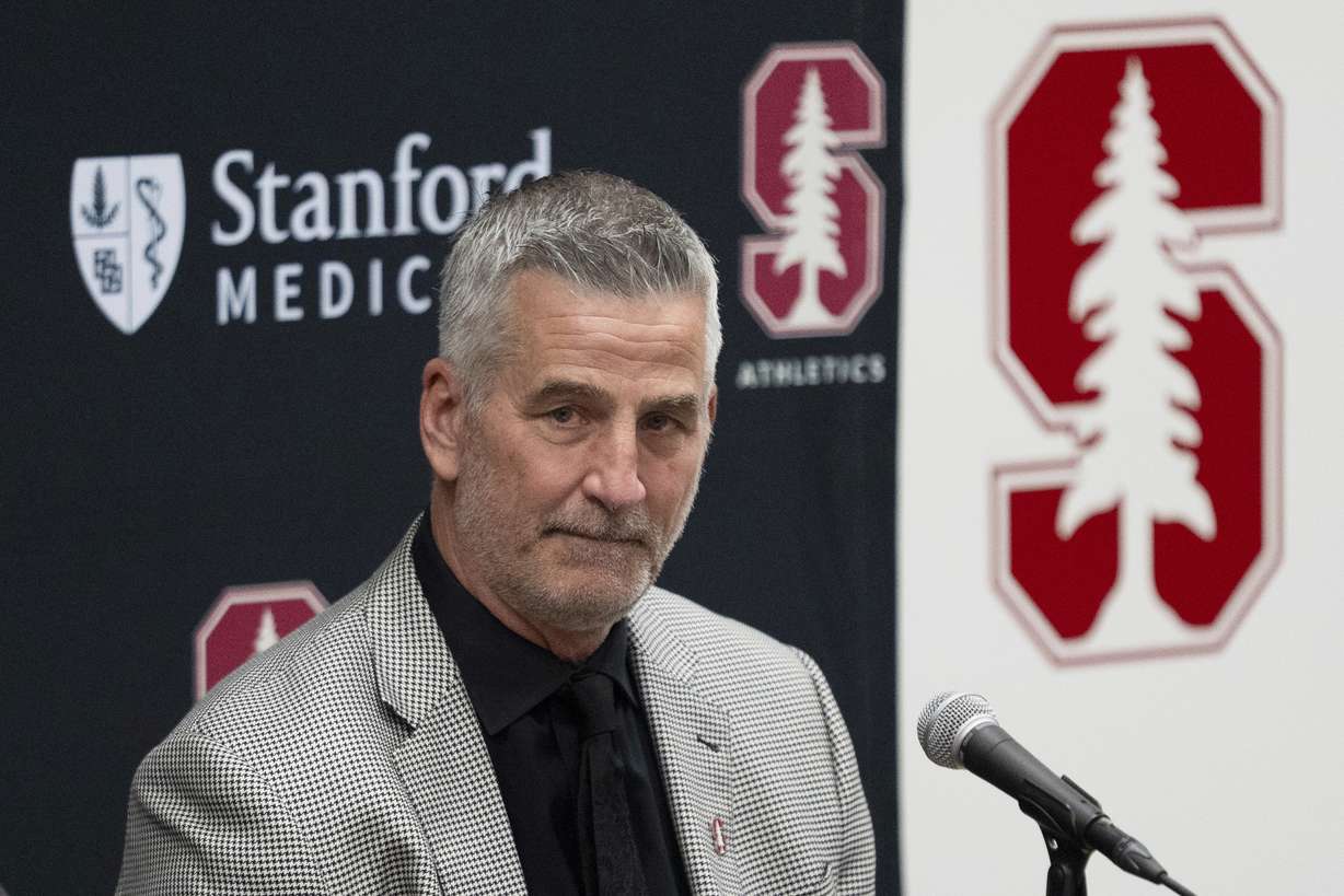 Stanford's new coach Frank Reich listens as he's introduced during NCAA college football news conference, Tuesday, April 1, 2025, in Stanford, Calif.