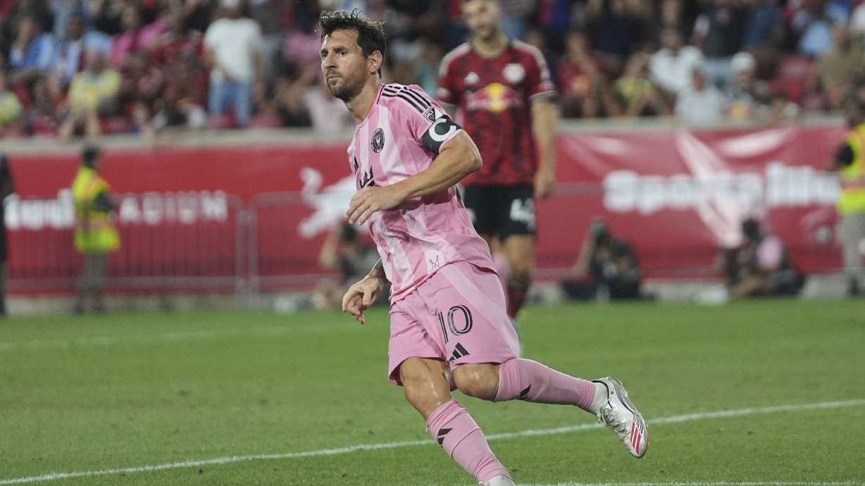 Inter Miami's Lionel Messi (10) looks into the stands after scoring a goal during the second half of an MLS soccer match [against the New York Red Bulls Saturday, July 19, 2025, in Harrison, N.J.