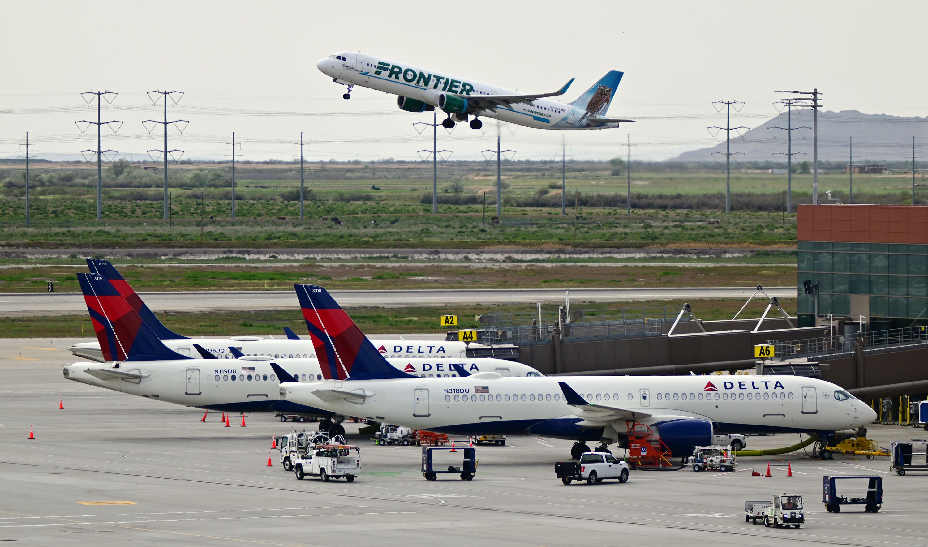 A Frontier Airlines airliner lifts off at Salt Lake City International Airport in Salt Lake City on May 4, 2024. Frontier Airlines recently announced 15 new routes, including a direct flight from Salt Lake City International Airport to John Wayne Airport in Santa Ana, Calif.