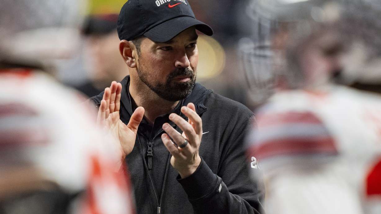 FILE - Ohio State head coach Ryan Day looks on before the College Football Playoff national championship game against Notre Dame, Jan. 20, 2025, in Atlanta.