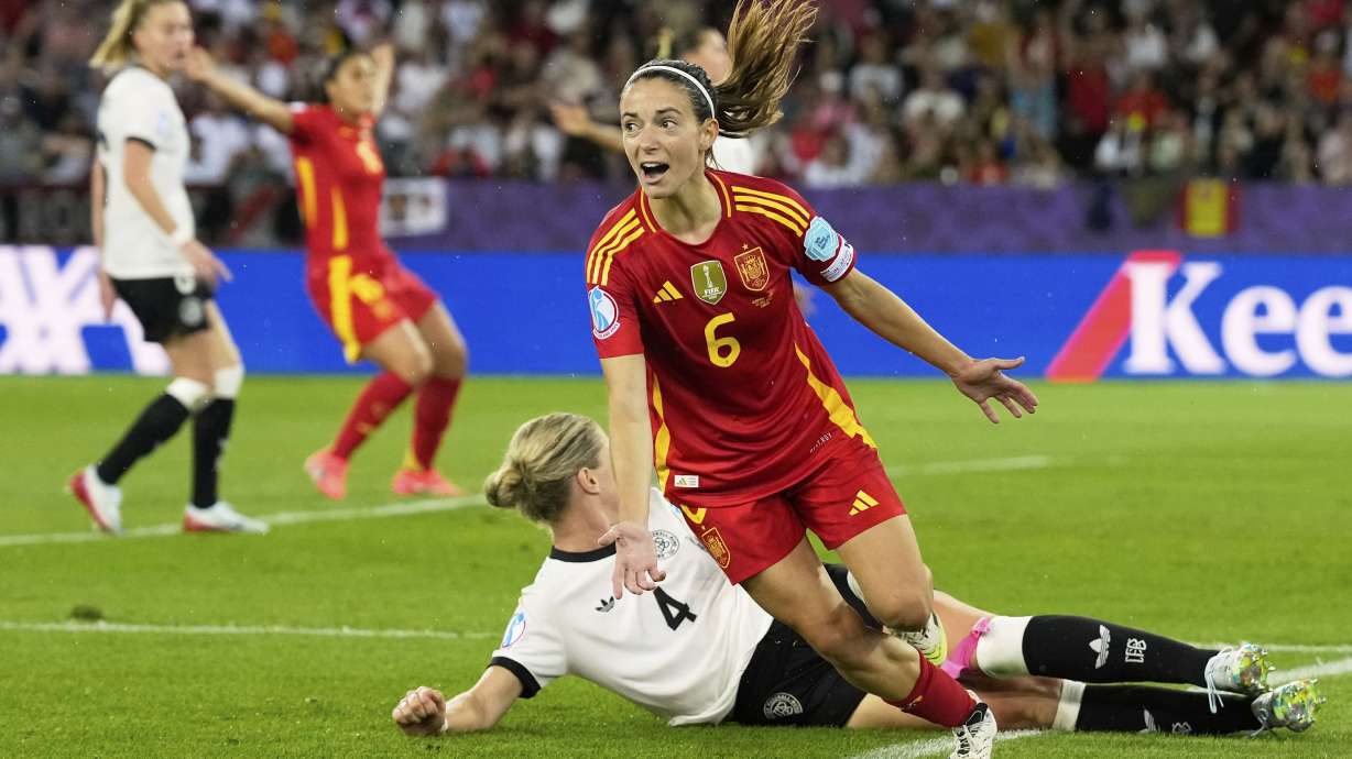 Spain's Aitana Bonmati celebrates after scoring the opening goal during the Women's Euro 2025 semifinals soccer match between Germany and Spain at Stadion Letzigrund in Zurich, Switzerland, Wednesday, July 23, 2025.