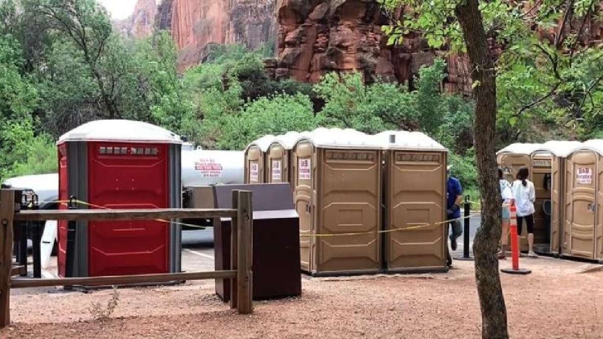 Porta potties have been brought in to supplement the park's bathrooms due to an overwhelmed sewer system, Zion National Park, Friday. Zion currently spends over $300,000 annually on temporary solutions.