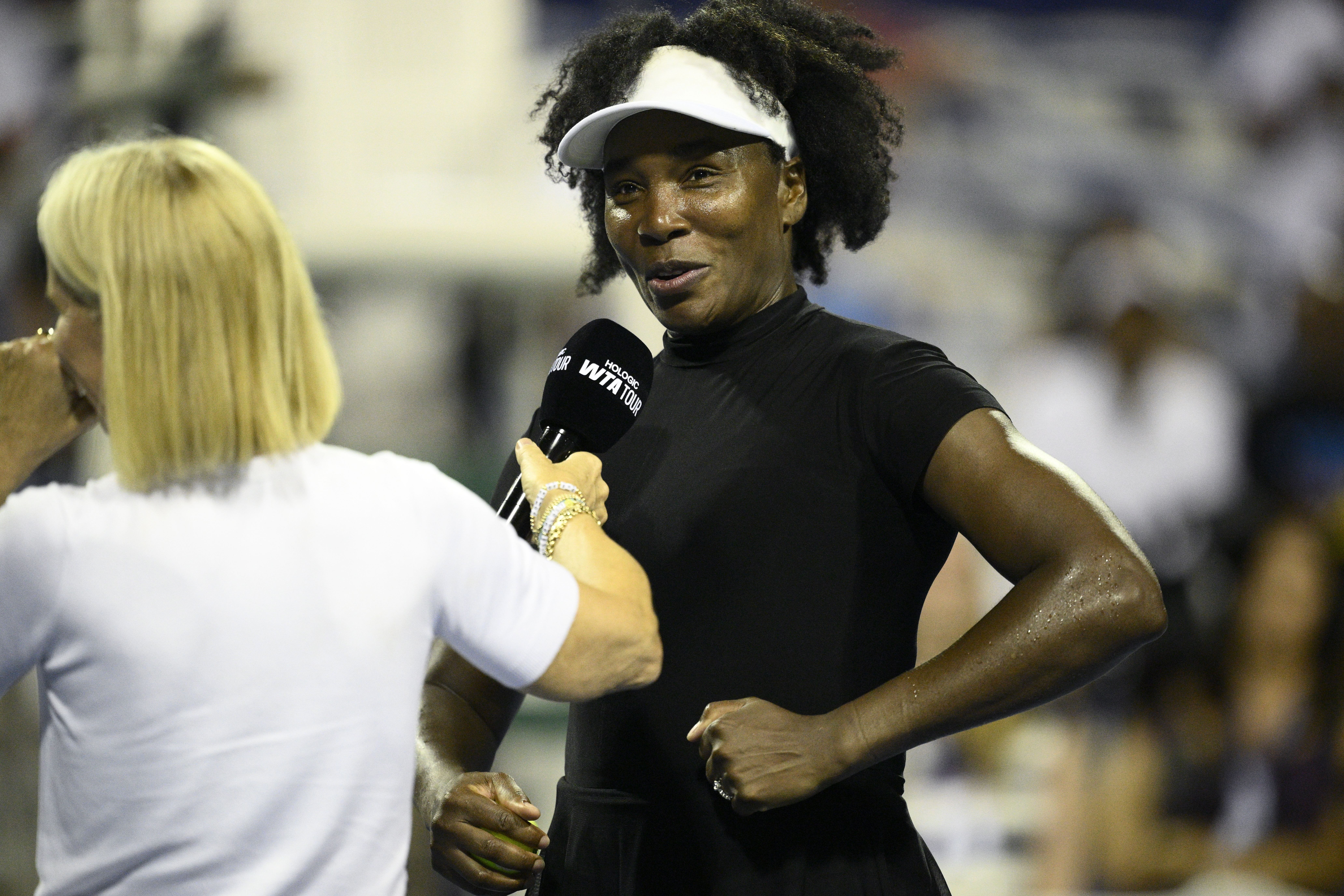 Venus Williams speaks during an interview after her win over Peyton Stearns after a match at the Citi Open tennis tournament Tuesday, July 22, 2025, in Washington.