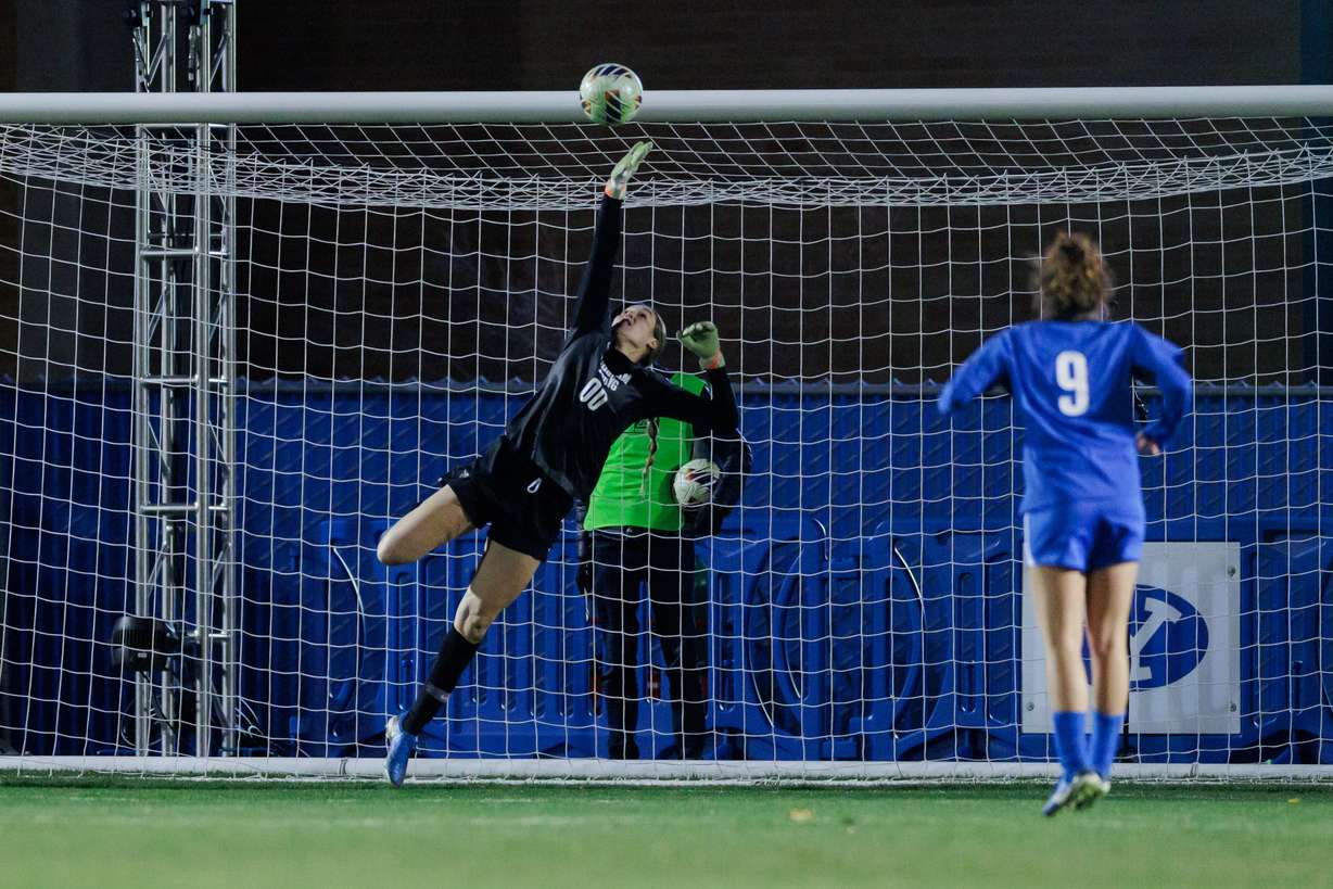 BYU goalkeeper Lynette Hernaez saves a goal during a 2024 game against Santa Clara.