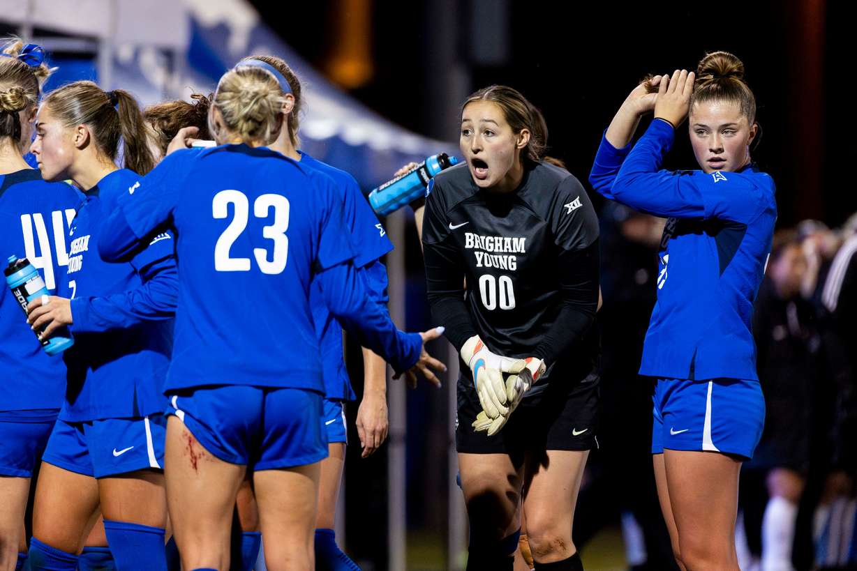 BYU goalkeeper Lynette Hernaez talks with her teammates on the sidelines during the second half of a first-round game of the NCAA Tournament against Santa Clara held at South Field on the campus of Brigham Young University in Provo on Nov. 15, 2024.