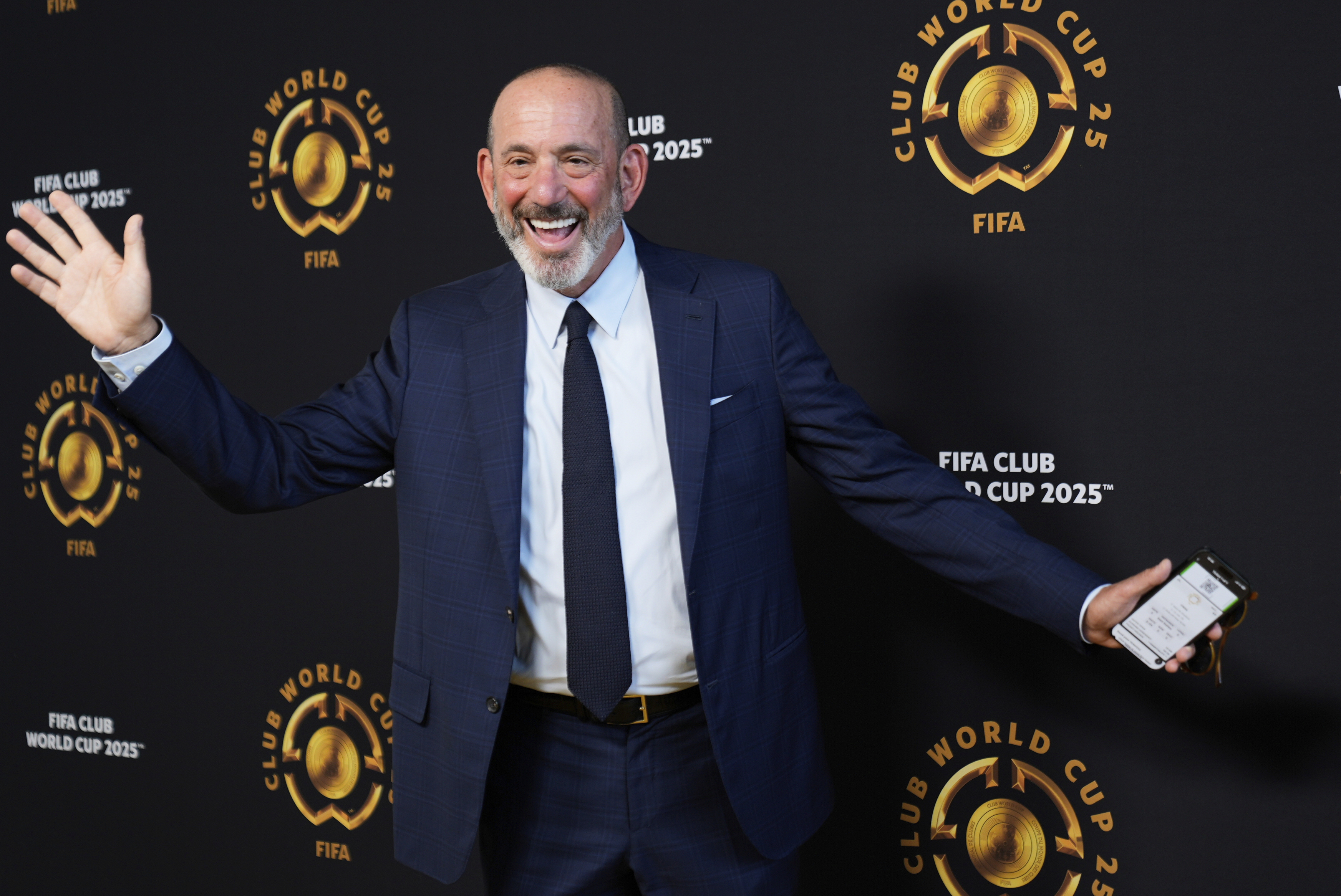 Don Garber, Major League Soccer commissioner, gestures as he arrives for the Club World Cup final soccer match between Chelsea and PSG in East Rutherford, N.J., Sunday, July 13, 2025.