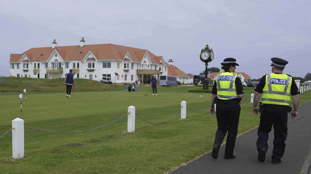 Police patrol near the Trump Turnberry golf course in Turnberry, Scotland, Wednesday, July 23, 2025, President Trump is expected to visit Scotland in the next few day.