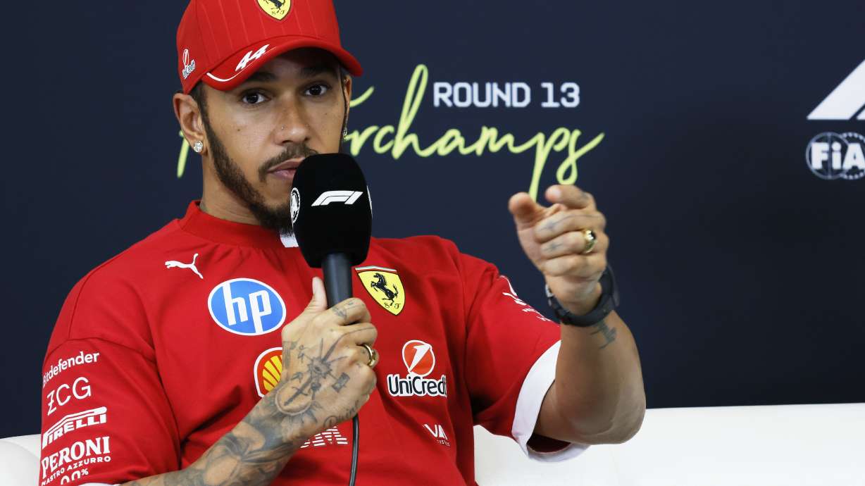 Ferrari driver Lewis Hamilton of Britain attends a media conference ahead of the Formula One Grand Prix at the Spa-Francorchamps racetrack in Spa, Belgium, Thursday, July 24, 2025.