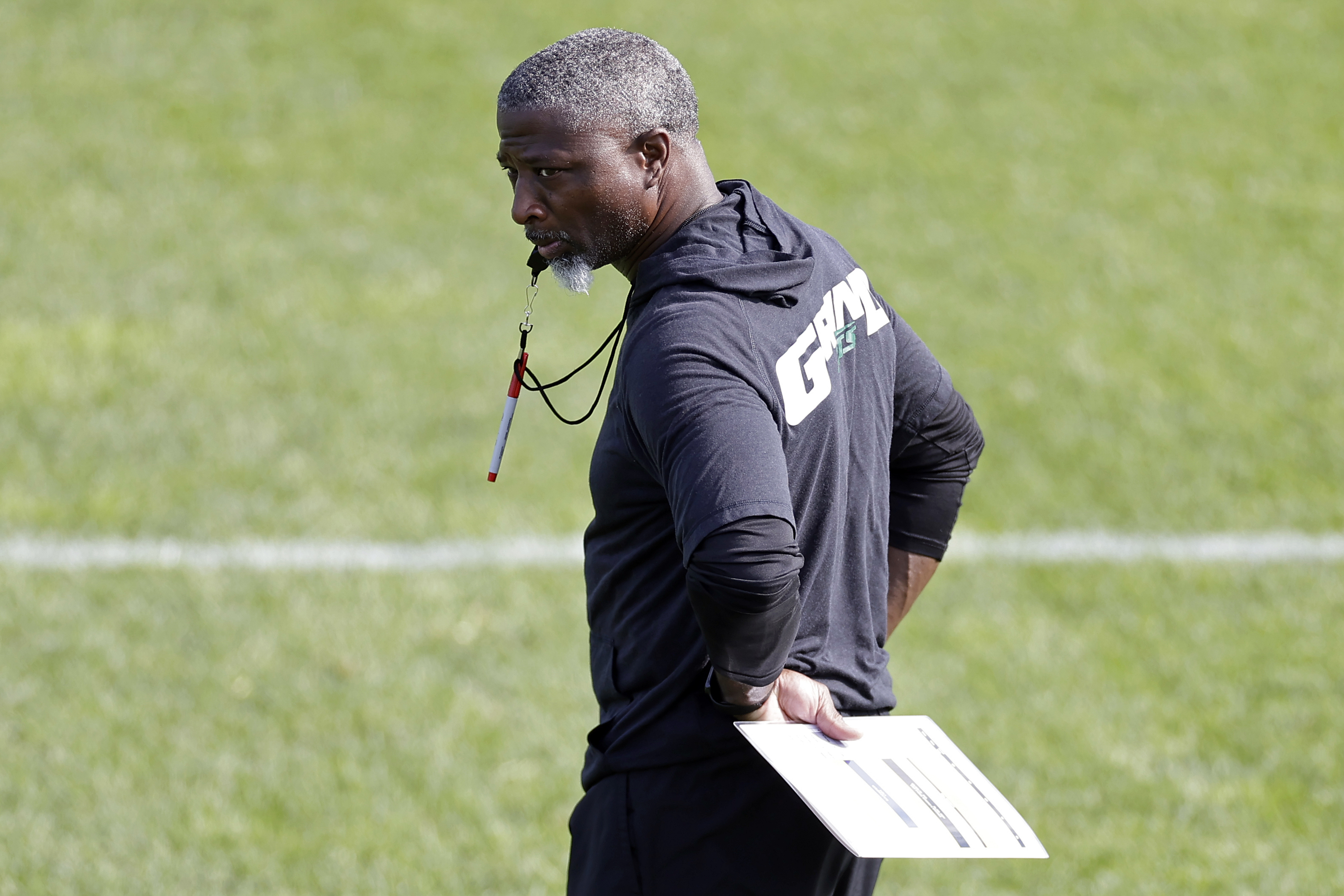 New York Jets head coach Aaron Glenn looks on during an NFL football training camp, Wednesday, July 23, 2025, in Florham Park, N.J.