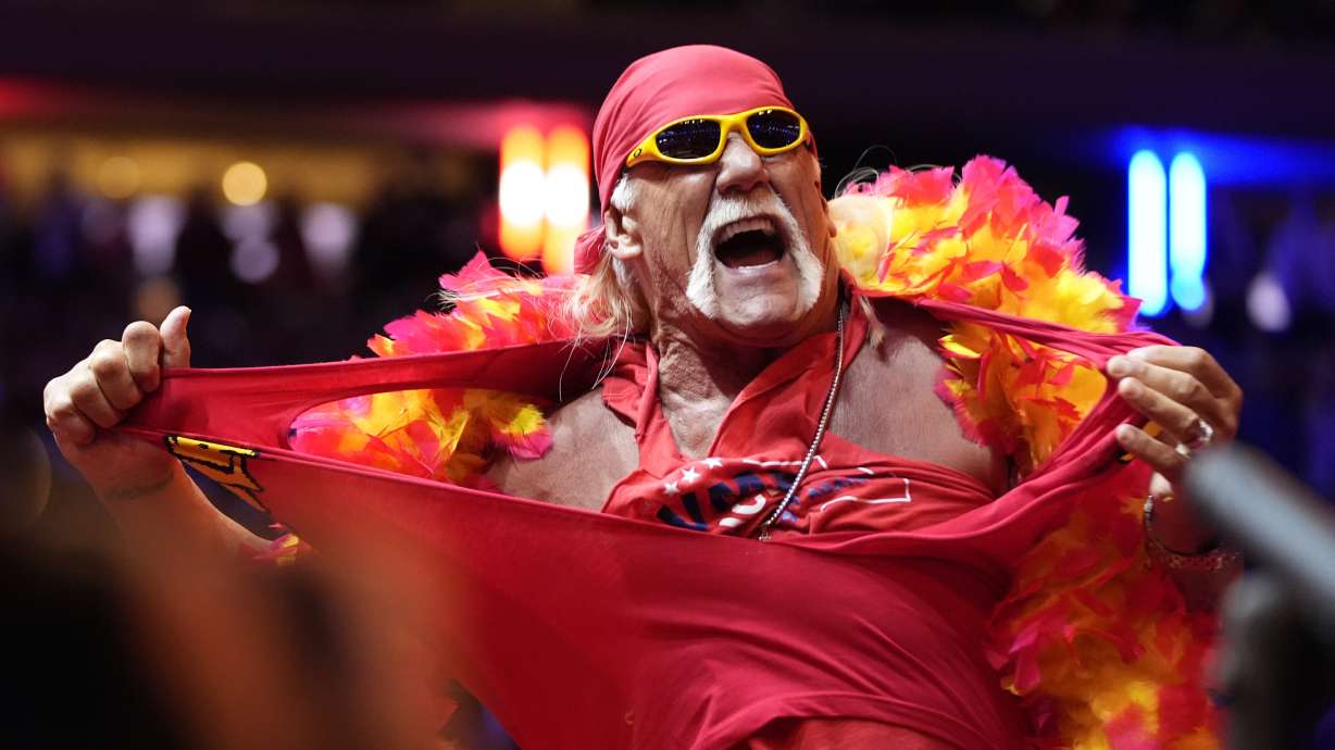 Hulk Hogan rips his shirt before Republican presidential nominee former President Donald Trump speaks at a campaign rally at Madison Square Garden, Oct. 27, 2024, in New York.