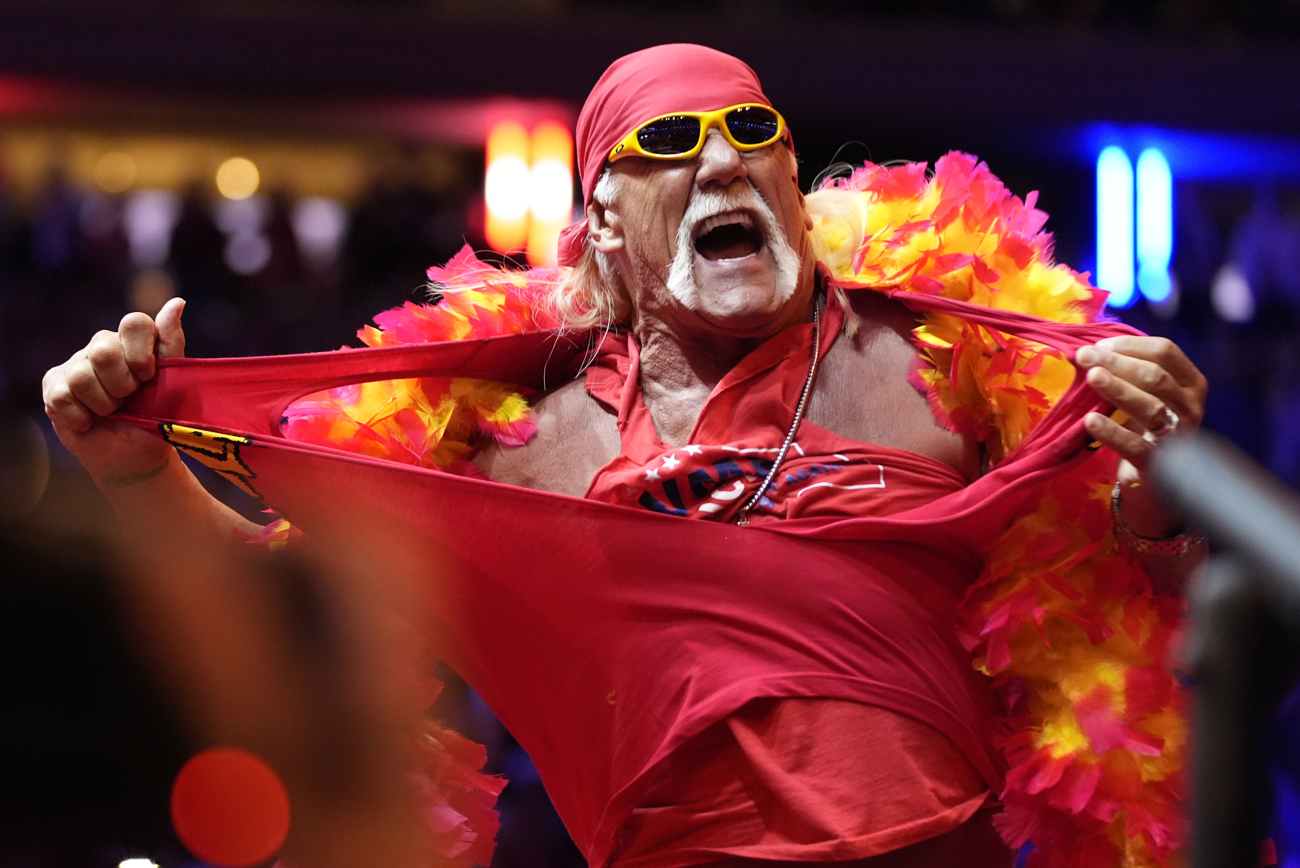 FILE - Hulk Hogan rips his shirt before Republican presidential nominee former President Donald Trump speaks at a campaign rally at Madison Square Garden, Oct. 27, 2024, in New York. 