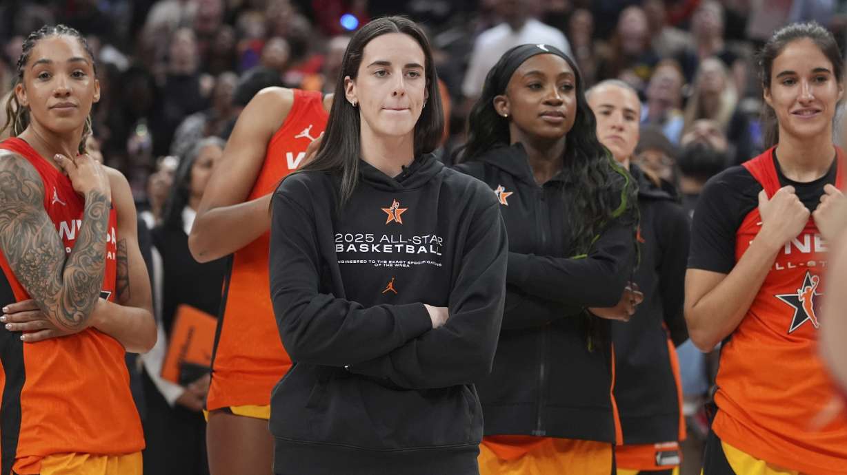 Indiana Fever's Caitlin Clark watches following a WNBA All-Star basketball game against Team Collier, Saturday, July 19, 2025, in Indianapolis.