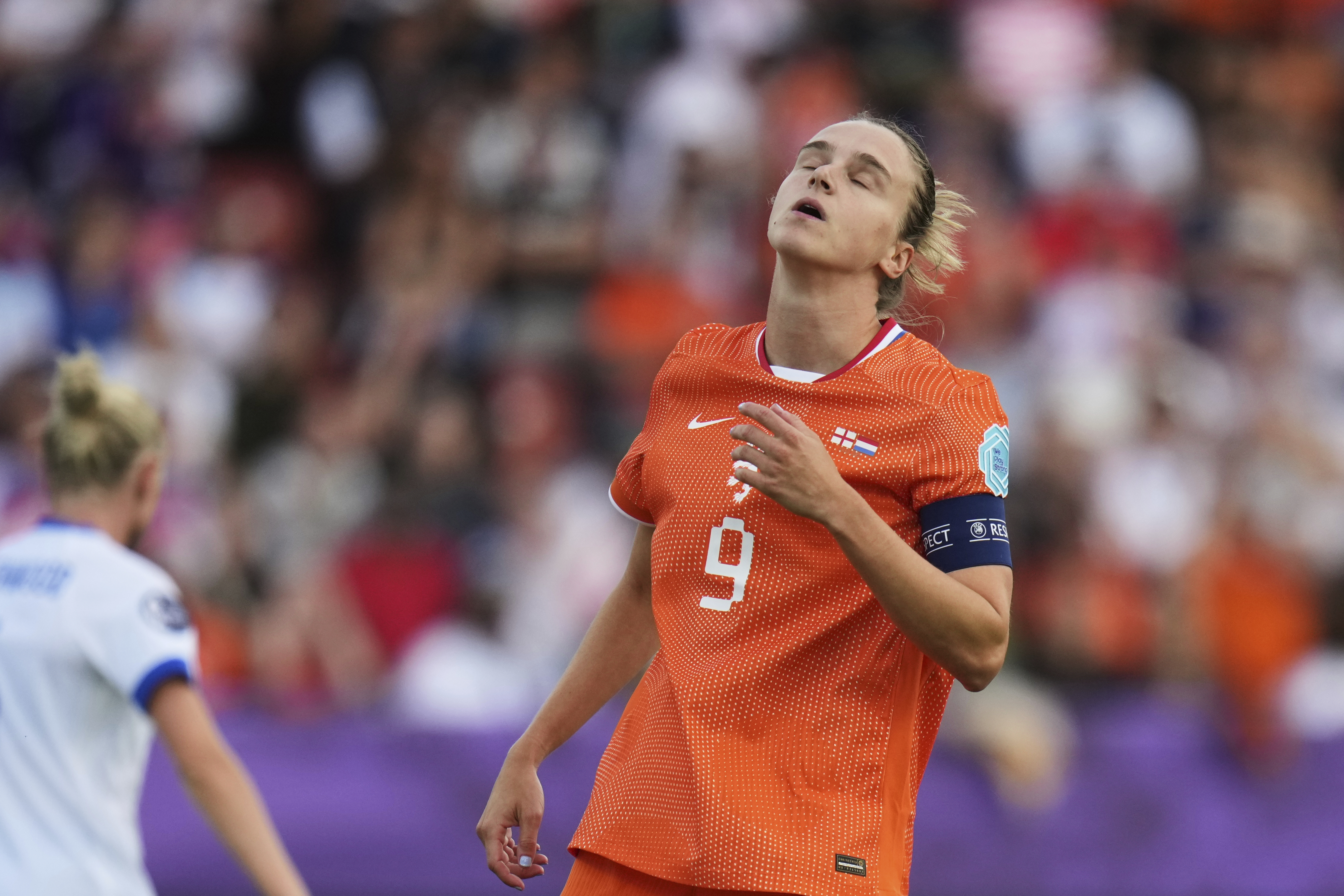Netherlands' Vivianne Miedema reacts after a missed chance to score during the Euro 2025, group D, soccer match between England and the Netherlands at Stadion Letzigrund in Zurich, Switzerland, Wednesday, July 9, 2025. 