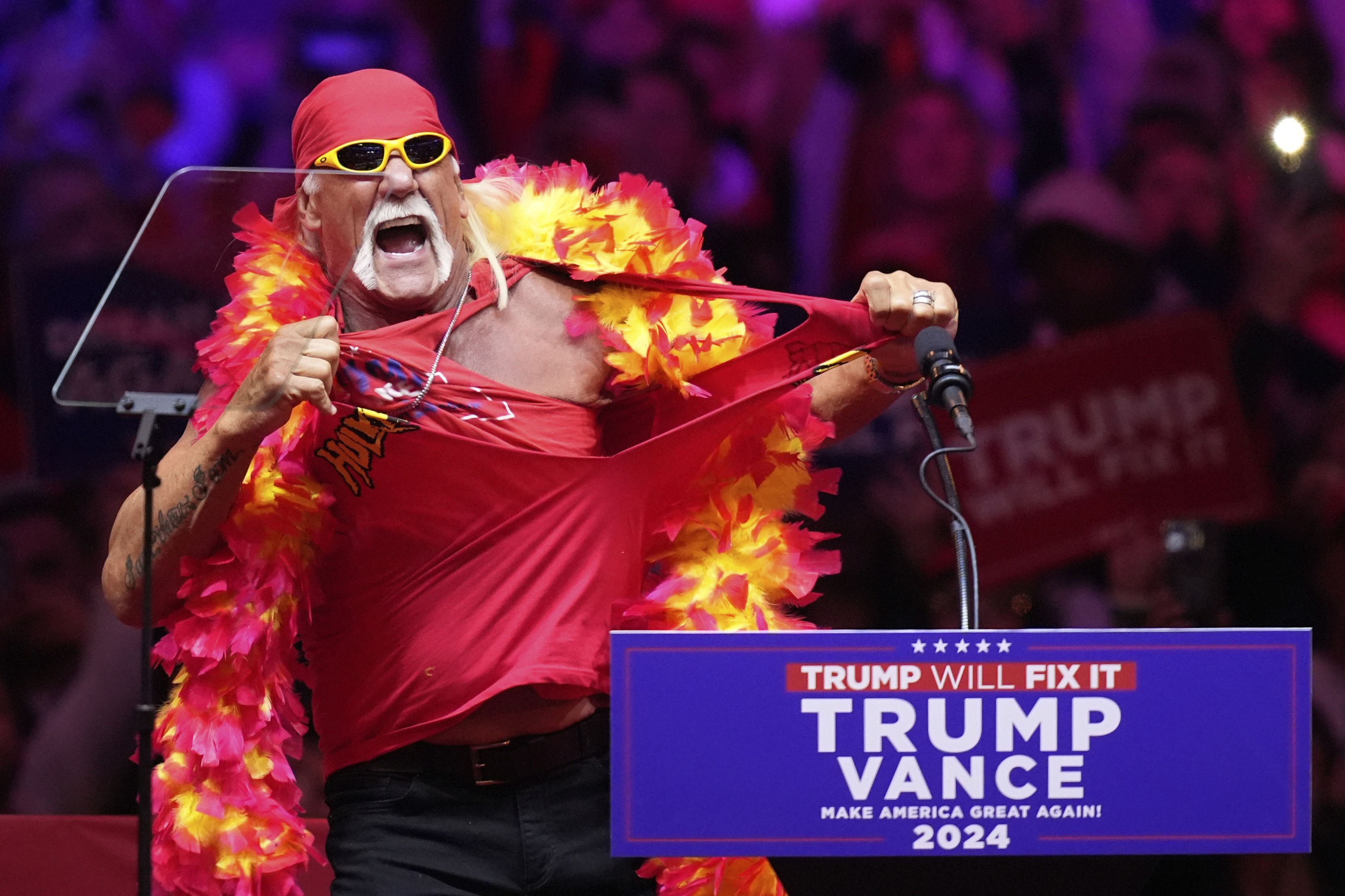 FILE - Hulk Hogan speaks before Republican presidential nominee former President Donald Trump at a campaign rally at Madison Square Garden, Oct. 27, 2024, in New York. 