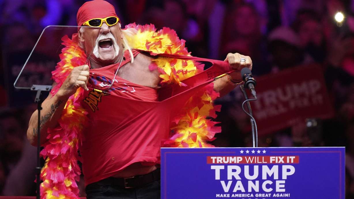 FILE - Hulk Hogan speaks before Republican presidential nominee former President Donald Trump at a campaign rally at Madison Square Garden, Oct. 27, 2024, in New York.