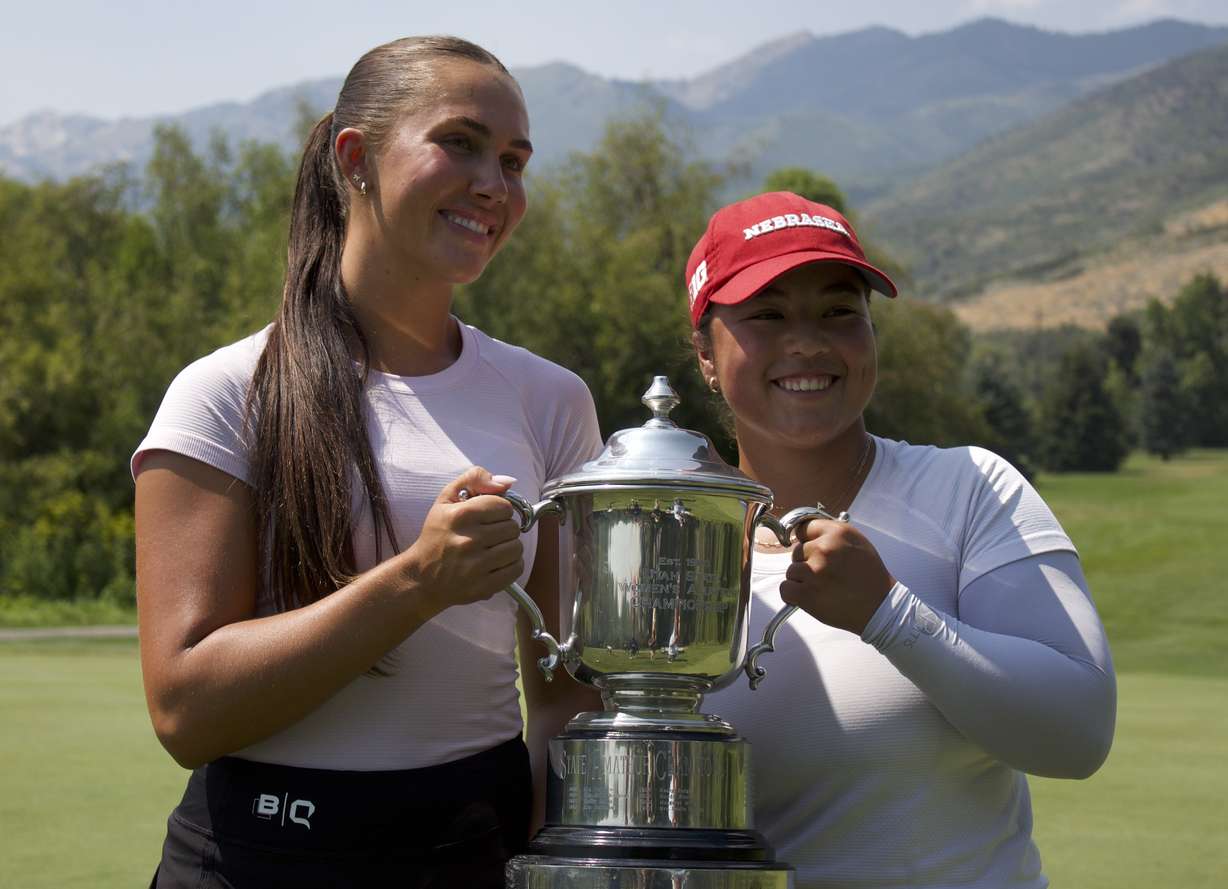 Arden Louchheim, a Park City golfer who will be a junior at Nebraska in the fall, poses with longtime friend and caddy Berlin Long after the 119th Utah women's state amateur championship, Thursday, July 24, 2025 at Wasatch Mountain State Park Golf Course in Midway, Utah.