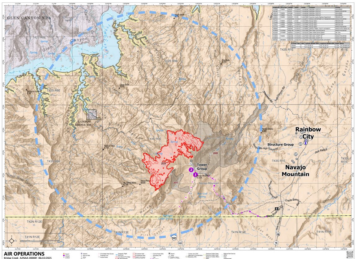A map of the Bridge Creek Fire burning near Lake Powell. The fire was reported 100% contained on Wednesday.