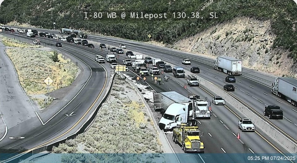 This image from a traffic camera shows a jackknifed semitruck on I-80 westbound in Parley's Canyon Thursday evening. The crash injured the truck driver and caused heavy delays for westbound drivers.