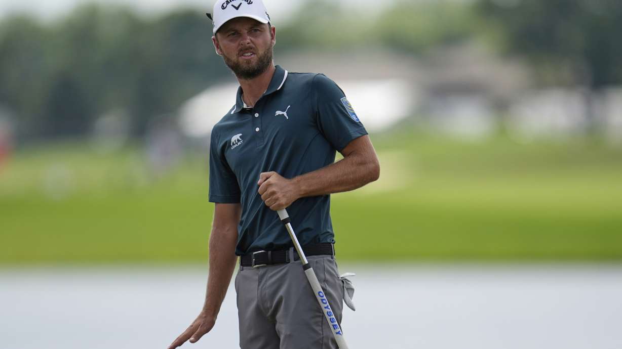 Adam Svensson reacts to his putt on the 18th hole during the first round of the 3M Open golf tournament at the Tournament Players Club Thursday, July 24, 2025, in Blaine, Minn.