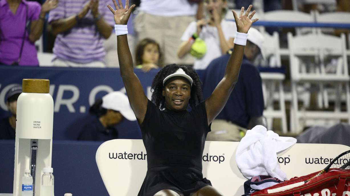 Venus Williams waves to the crowd after she lost to Magdalena Frech, of Poland, during a match at the Citi Open tennis tournament Thursday, July 24, 2025, in Washington.