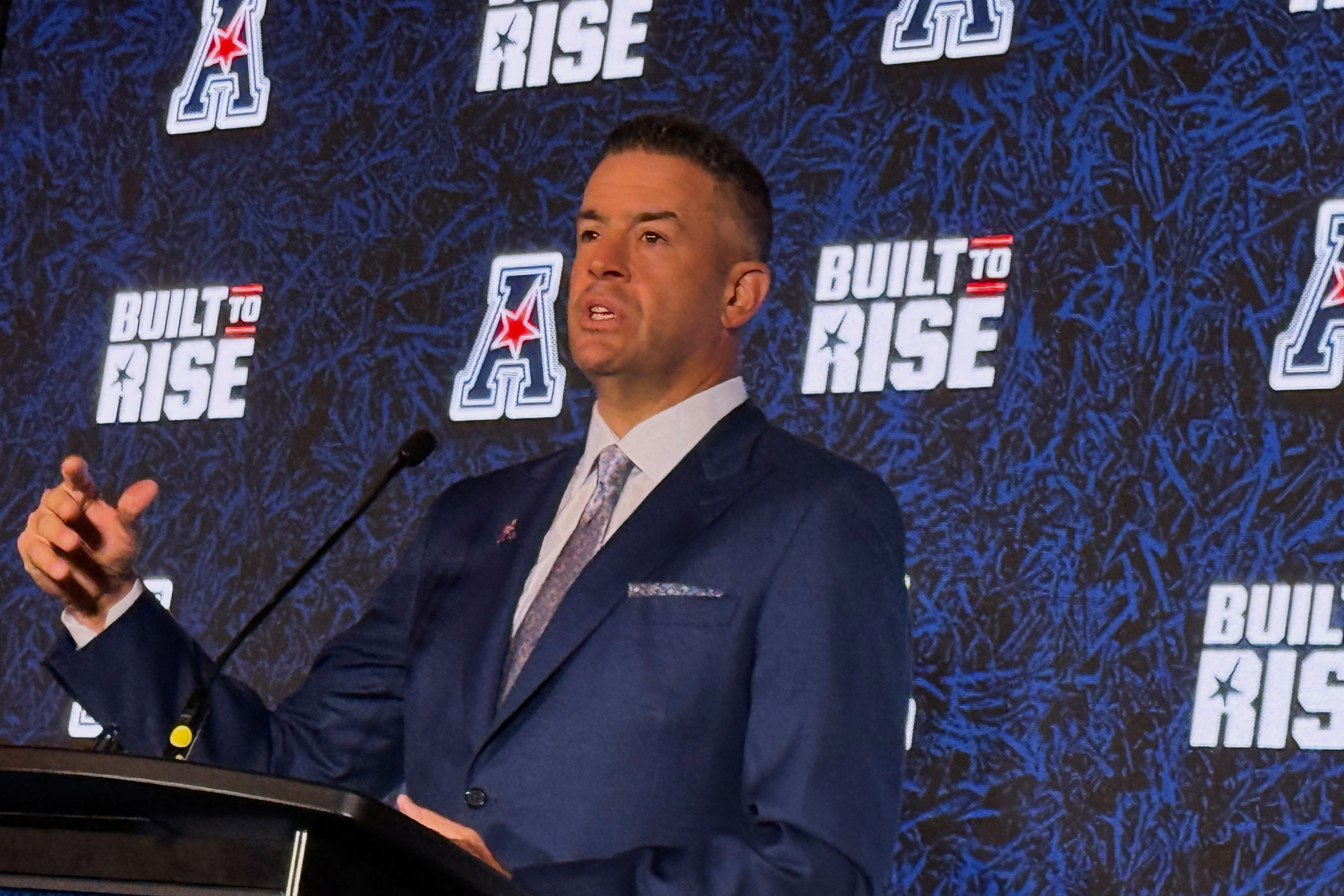 American Conference commissioner Tim Pernetti speaks at Media Days on Friday, July 25, 2025 in Charlotte, N.C.