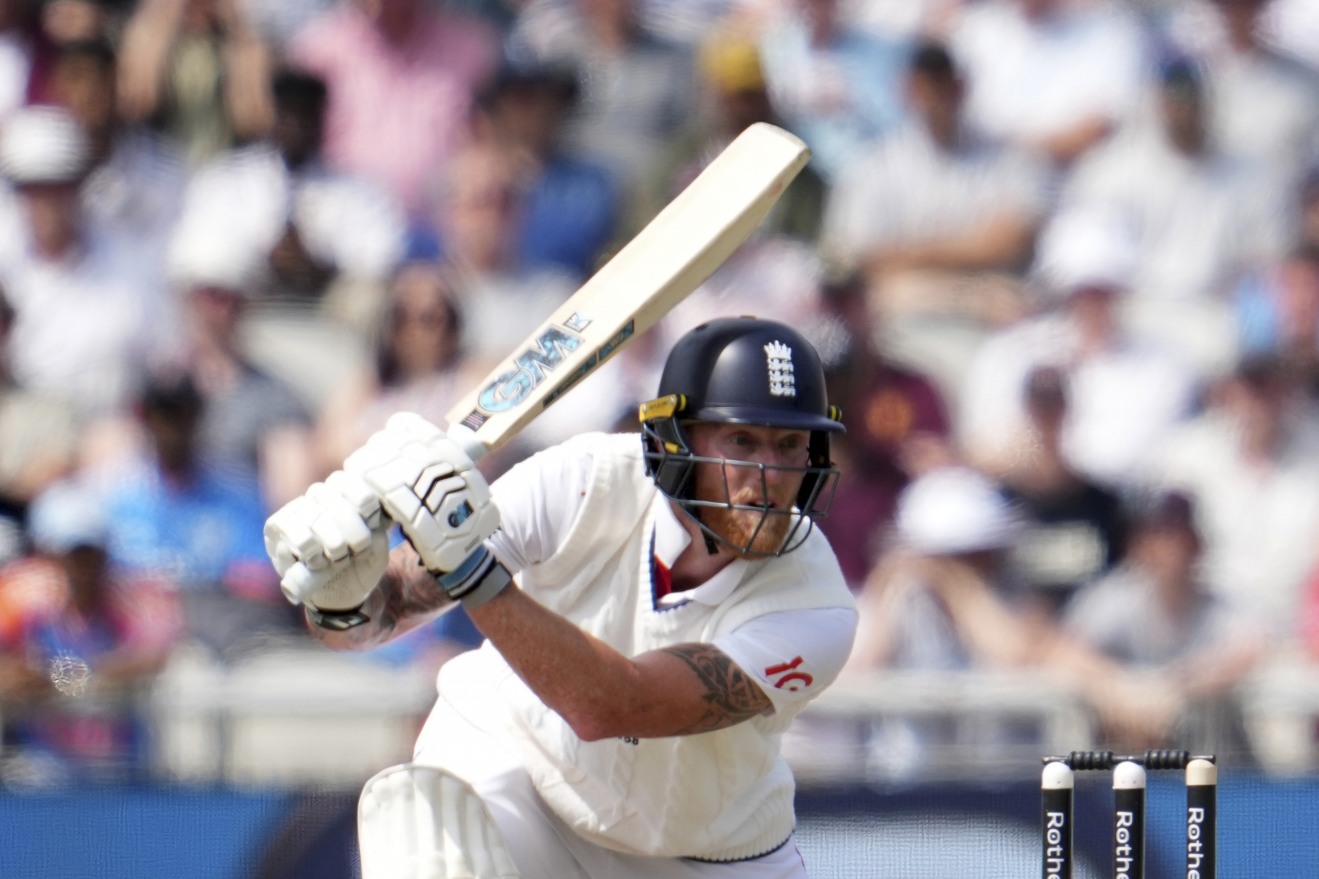 England's captain Ben Stokes plays a shot on the third day of the fourth cricket test match between England and India at Emirates Old Trafford, Manchester, England, Friday, July 25, 2025. 
