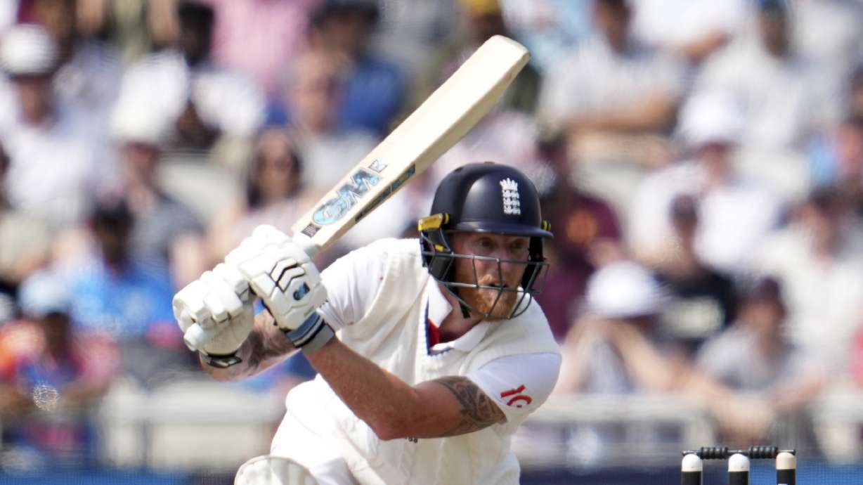 England's captain Ben Stokes plays a shot on the third day of the fourth cricket test match between England and India at Emirates Old Trafford, Manchester, England, Friday, July 25, 2025.