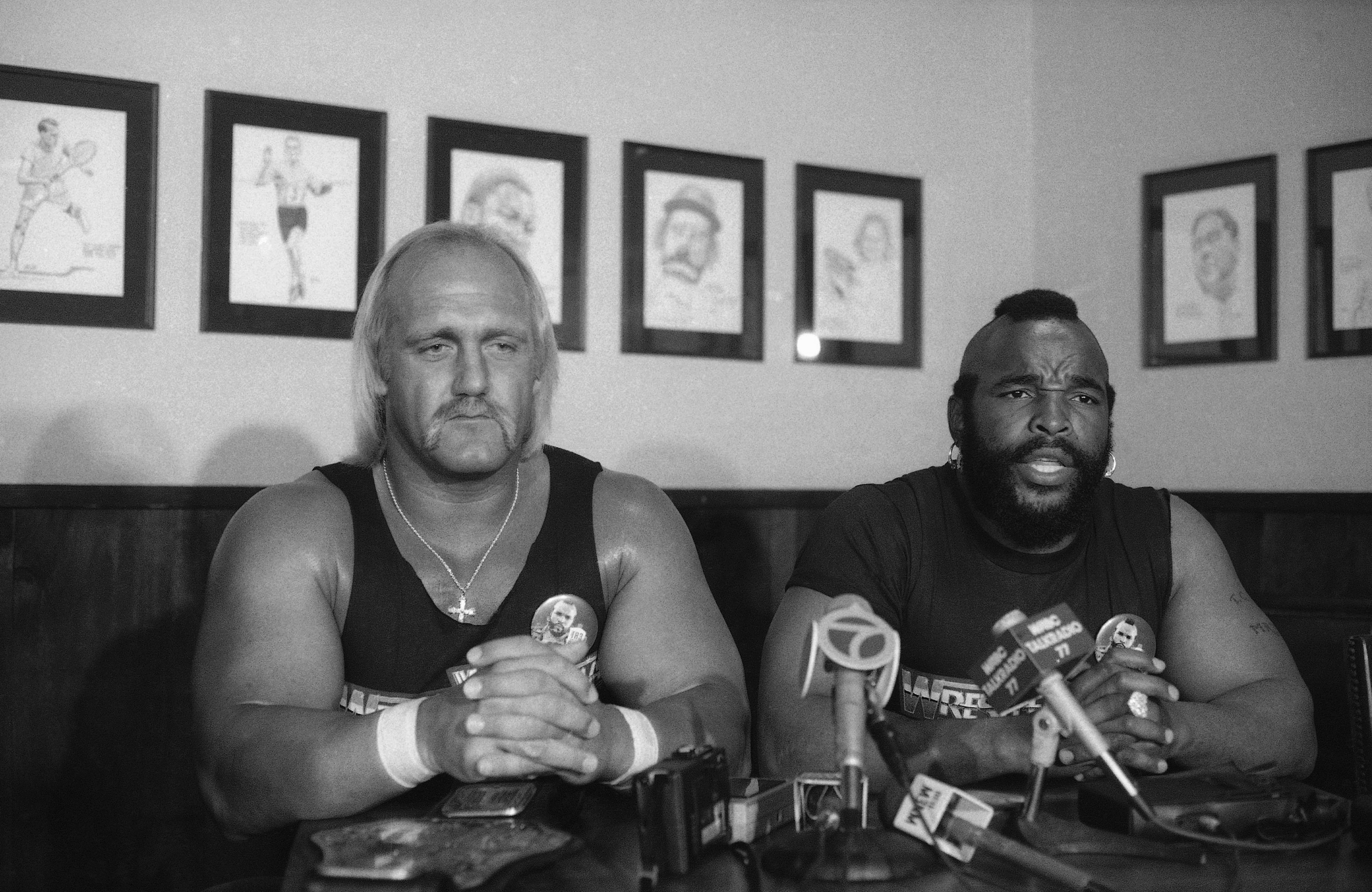 FILE - World Wrestling Federation heavyweight champion Hulk Hogan, left, and Mr. T. appear at a news conference on March 18, 1985, in New York's Madison Square Garden. 
