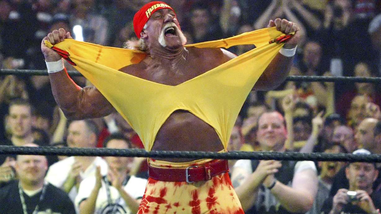 FILE - in this April 3, 2005, file photo, Hulk Hogan fires up the crowd between matches during WrestleMania 21 in Los Angeles.