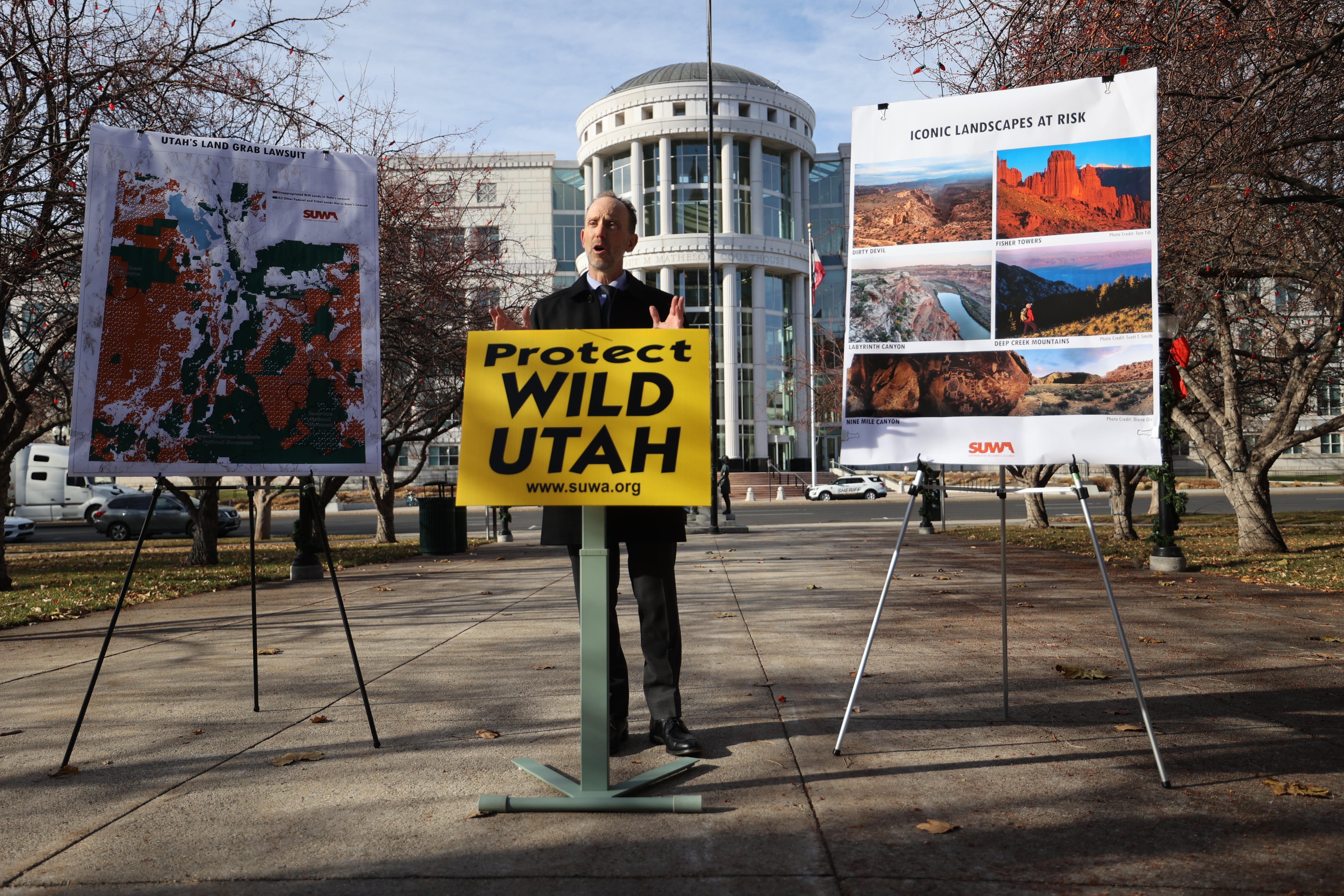 Steve Bloch, Southern Utah Wilderness Alliance legal director, speaks during a SUWA press conference in Salt Lake City on Dec. 18, 2024. The group's lawsuit over public lands was recently dismissed by a state judge.