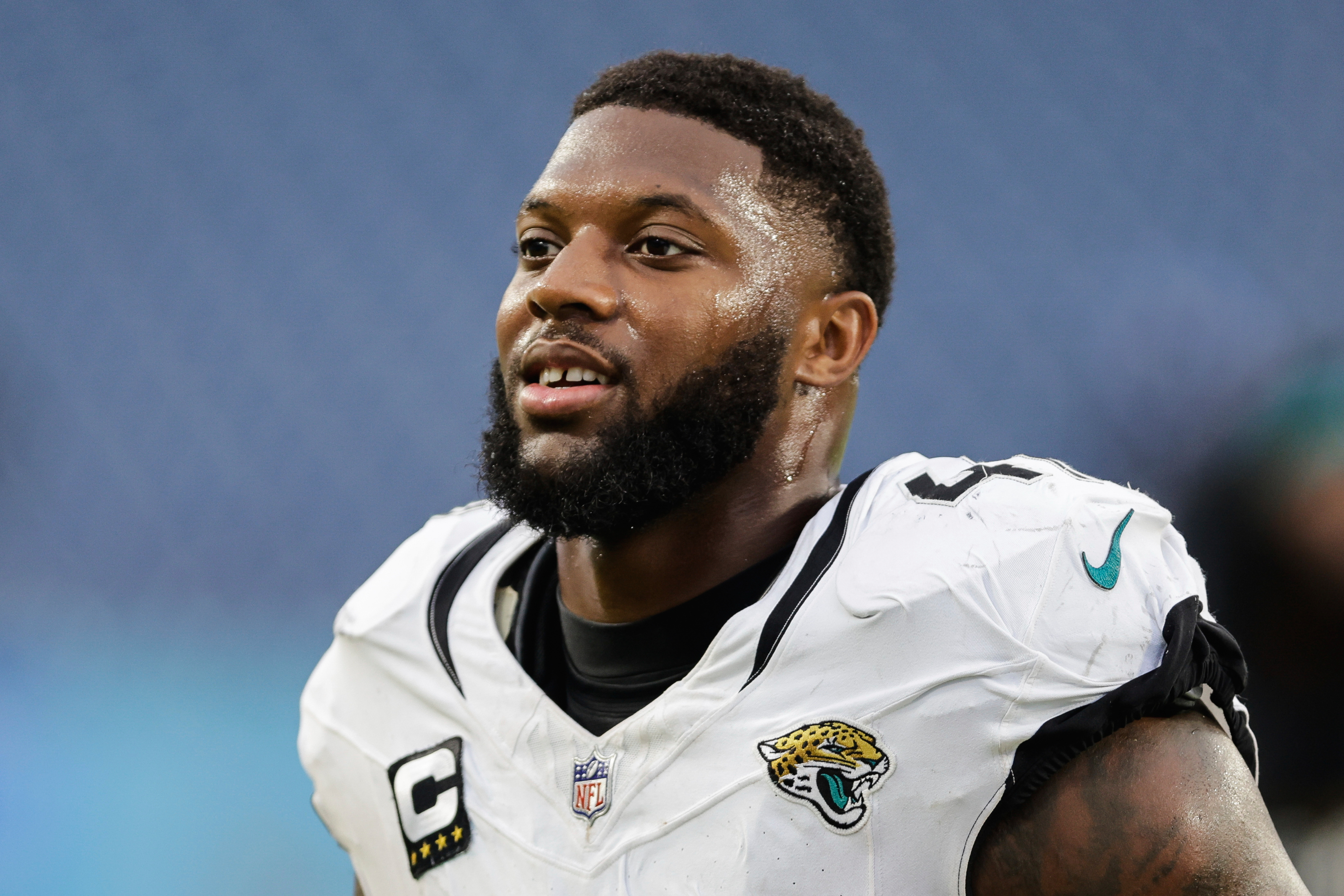 FILE - Jacksonville Jaguars defensive end Josh Hines-Allen (41) walks off the field following an NFL football game against the Tennessee Titans, Dec. 8, 2024, in Nashville, Tenn.